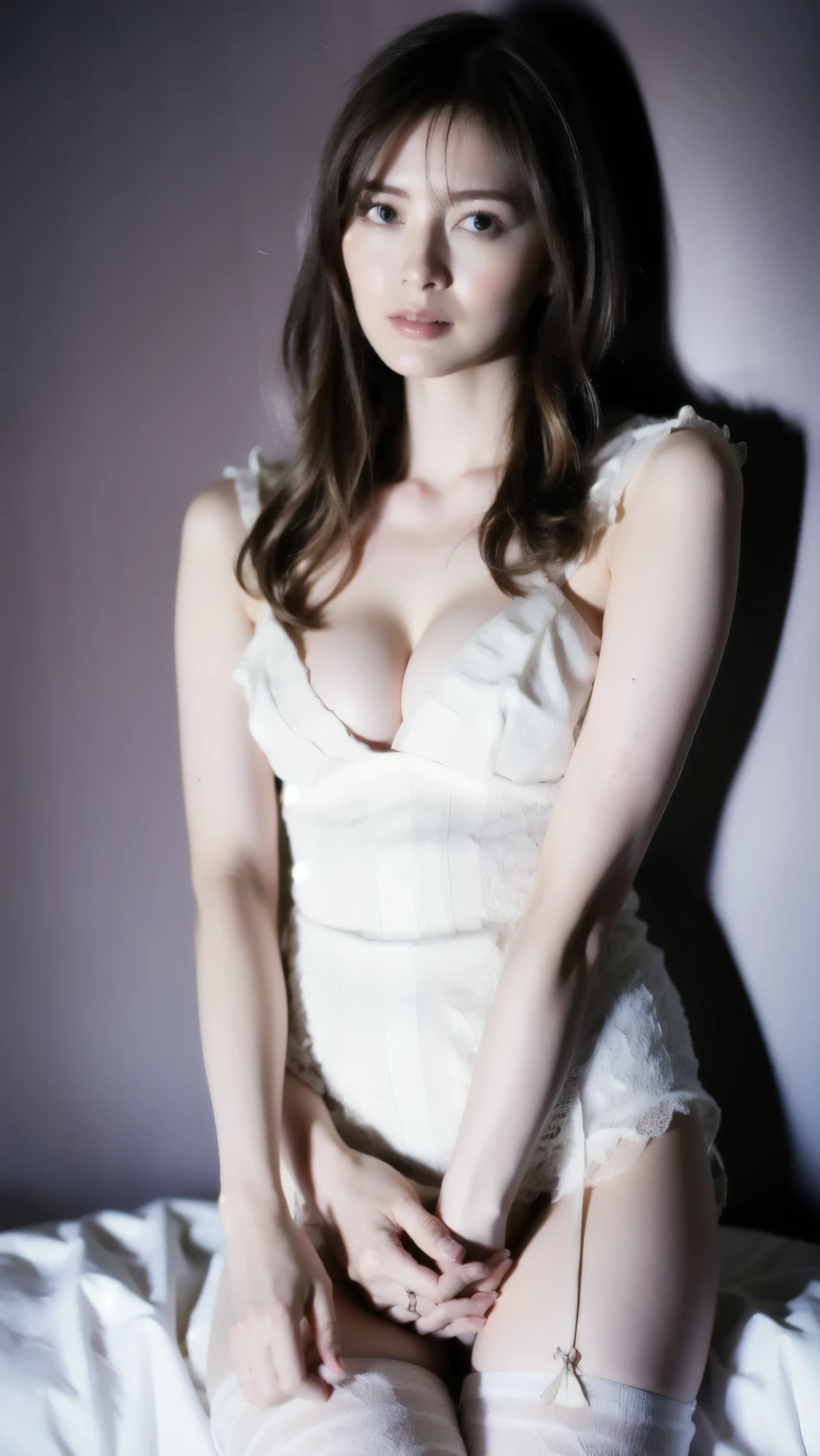 Sophia Lillis, slender adult , portrait pose, long straight hair, photograph quality, goth makeup, grinning, cleavage, naked under a sheer wool kitted dress