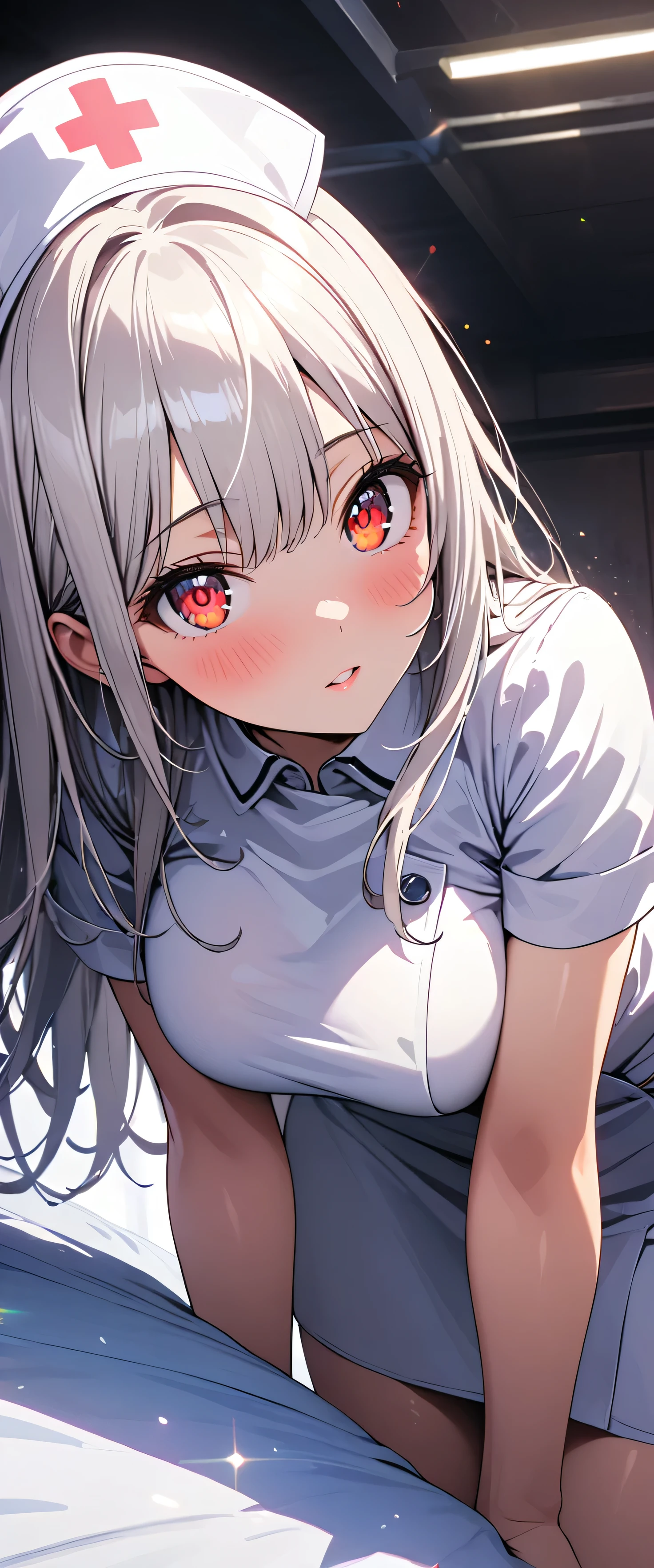 (beautiful girl: 1.3),1girl,masterpiece,Highest quality,Ultra-high resolution,rich contrast,super high quality,8k,Highly detailed CG unit wallpaper,texture,Incredibly absurd,RAW Photos,Highest quality anime,Depth of Field 1.2,Ultra-detailed eyes,Glowing Skin,Glitter effect,Beautiful glossy lips,(Silver-white hair,Long Hair),Red Eyes,nurse uniform,Nurse working at the hospital,white nurse uniform,Large Breasts,Big Round Ass,Sit and pose,Embarrassing,blush,Leaning forward,Looking up,Tilt your head,(from side:1.2)