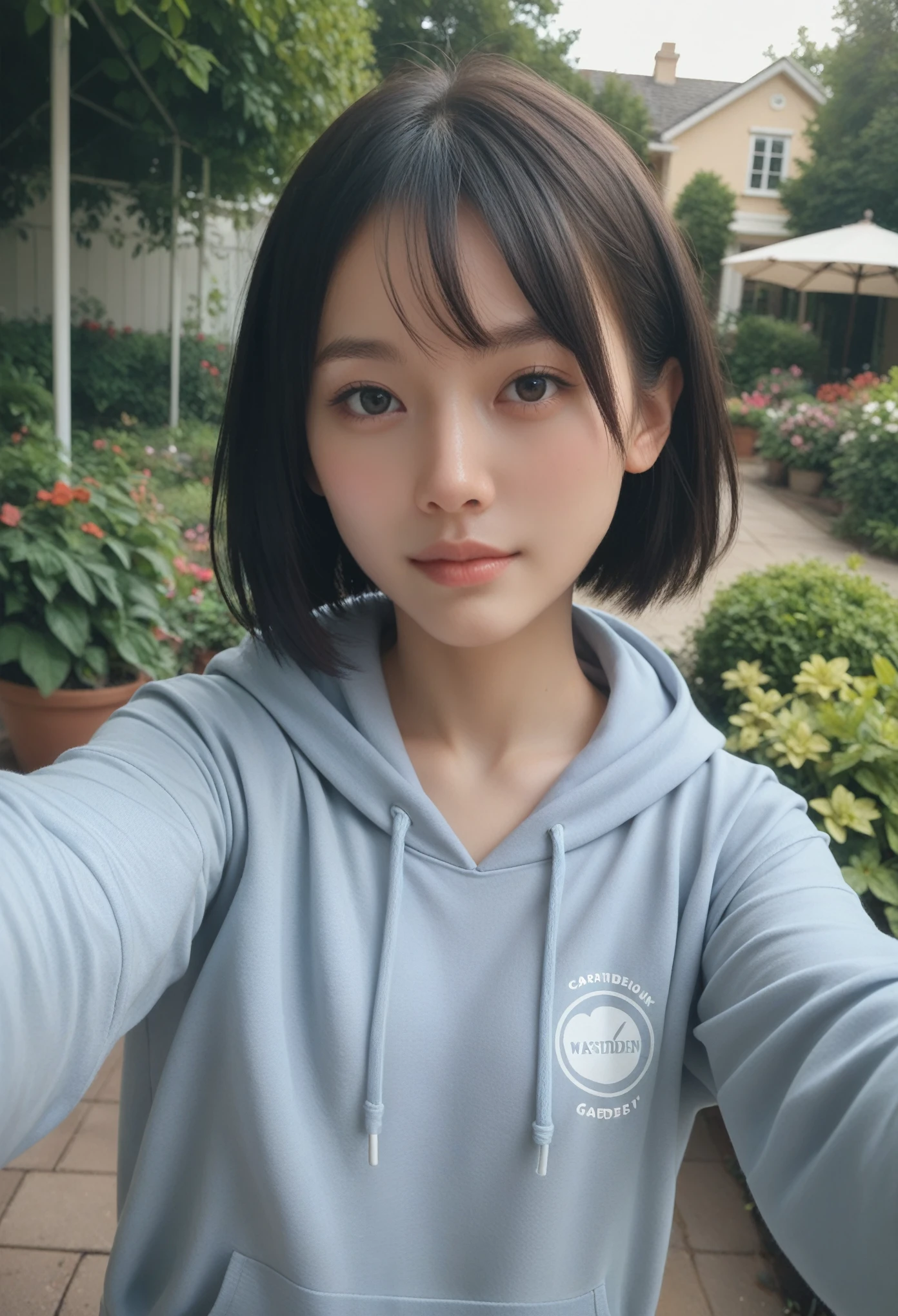 Masterpiece,detailed,black hair,short hair,selfie,big size hoodie,garden,