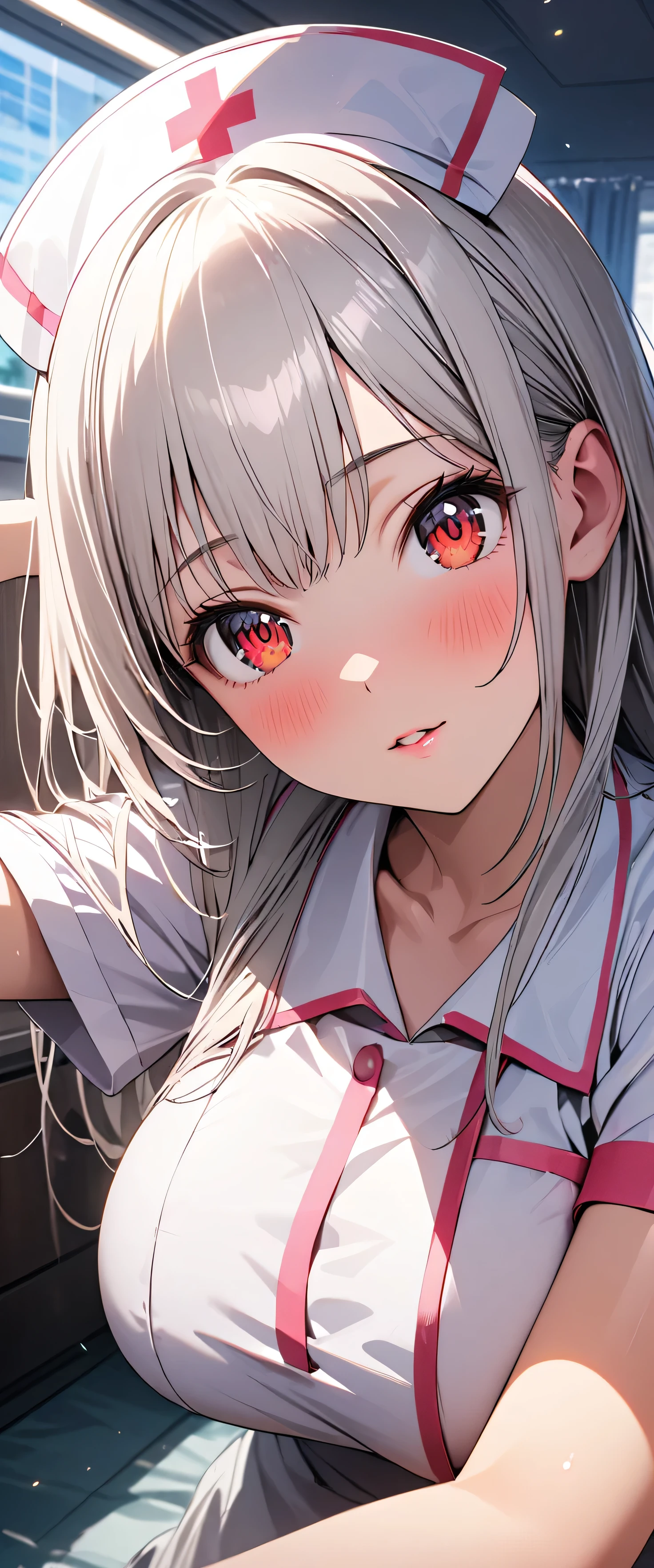 (beautiful girl: 1.3),1girl,masterpiece,Highest quality,Ultra-high resolution,rich contrast,super high quality,8k,Highly detailed CG unit wallpaper,texture,Incredibly absurd,RAW Photos,Highest quality anime,Depth of Field 1.2,Ultra-detailed eyes,Glowing Skin,Glitter effect,Beautiful glossy lips,(Silver-white hair,Long Hair),Red Eyes,nurse uniform,Nurse working at the hospital,white nurse uniform,Large Breasts,Big Round Ass,Sit and pose,Embarrassing,blush,Leaning forward,Looking up,Tilt your head,(from side:1.2)