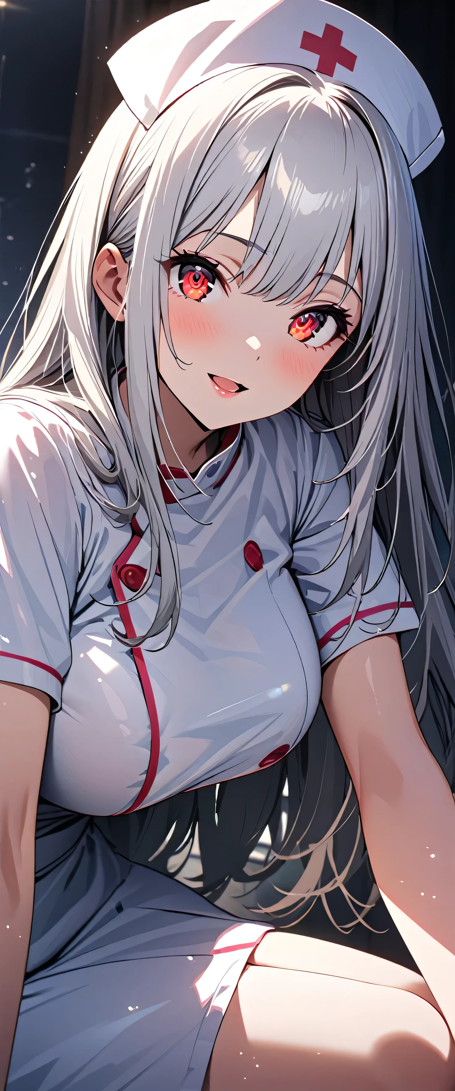 (beautiful girl: 1.3),1girl,masterpiece,Highest quality,Ultra-high resolution,rich contrast,super high quality,8k,Highly detailed CG unit wallpaper,texture,Incredibly absurd,RAW Photos,Highest quality anime,Depth of Field 1.2,Ultra-detailed eyes,Glowing Skin,Glitter effect,Beautiful glossy lips,(Silver-white hair,Long Hair),Red Eyes,nurse uniform,Nurse working at the hospital,exceptional smile,white nurse uniform,Large Breasts,Big Round Ass,Sit and pose,Big smile,Open your mouth wide,Leaning forward,Looking up,Tilt your head,(from side:1.2)