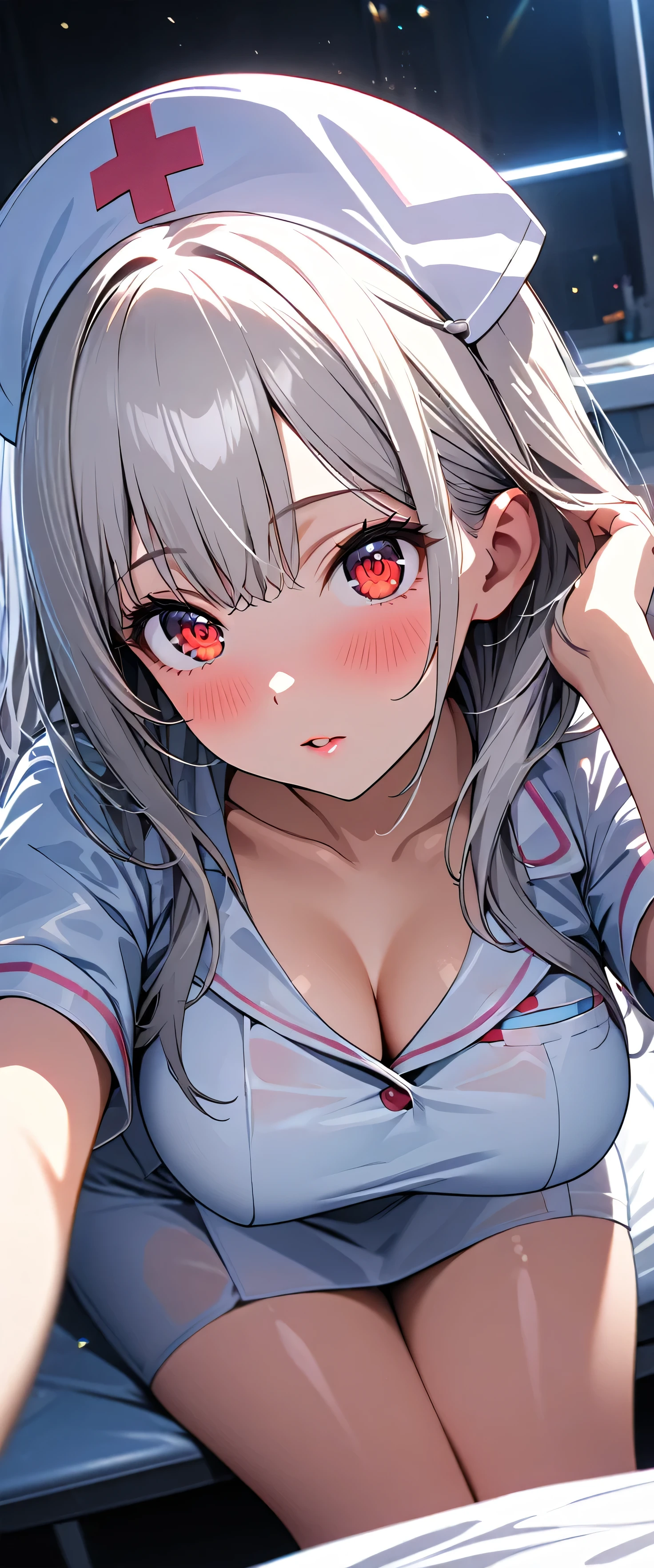 (beautiful girl: 1.3),1girl,masterpiece,Highest quality,Ultra-high resolution,rich contrast,super high quality,8k,Highly detailed CG unit wallpaper,texture,Incredibly absurd,RAW Photos,Highest quality anime,Depth of Field 1.2,Ultra-detailed eyes,Glowing Skin,Glitter effect,Beautiful glossy lips,(Silver-white hair,Long Hair),Red Eyes,nurse uniform,Nurse working at the hospital,white nurse uniform,Large Breasts,Big Round Ass,Sit and pose,Embarrassing,blush,Leaning forward,Looking up,Tilt your head,(close up:1.5)