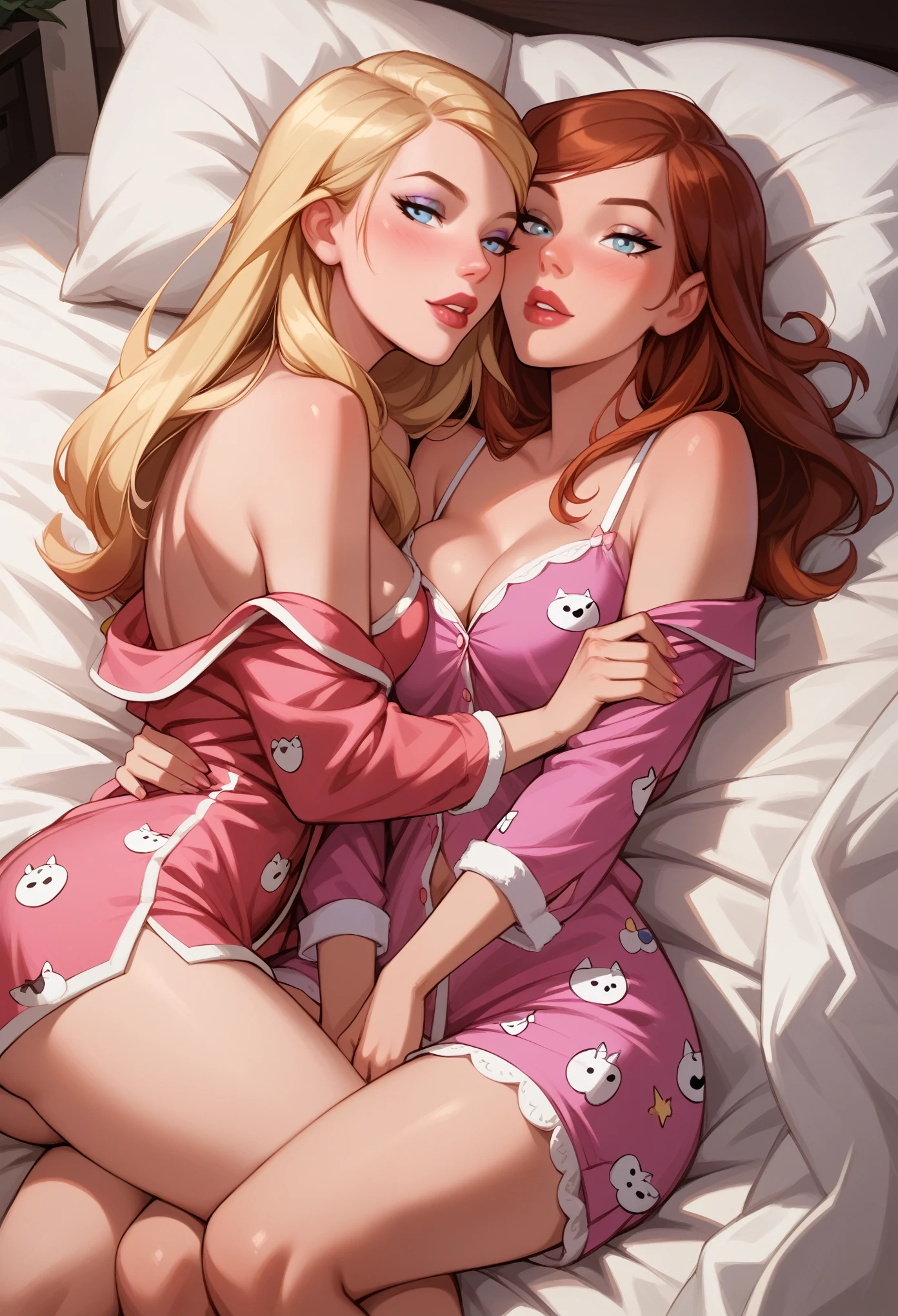 score_9, score_8_up, score_7_up, dcaustyle, 2girls, duo, couple, yuri, (Kara Zor-El, blonde:1.3) and (Barbara Gordon, reddish brown hair:1.2), wearing cute pajamas, flirt, gaze, sexy look, half-closed eyes, head tilt, filled lips, thick lips, makeup, sexy pose, laying together on luxurious bed, elegant bedroom, embracing, aroused, expressiveh d4rk01l, perfect hands, perfect proportions.