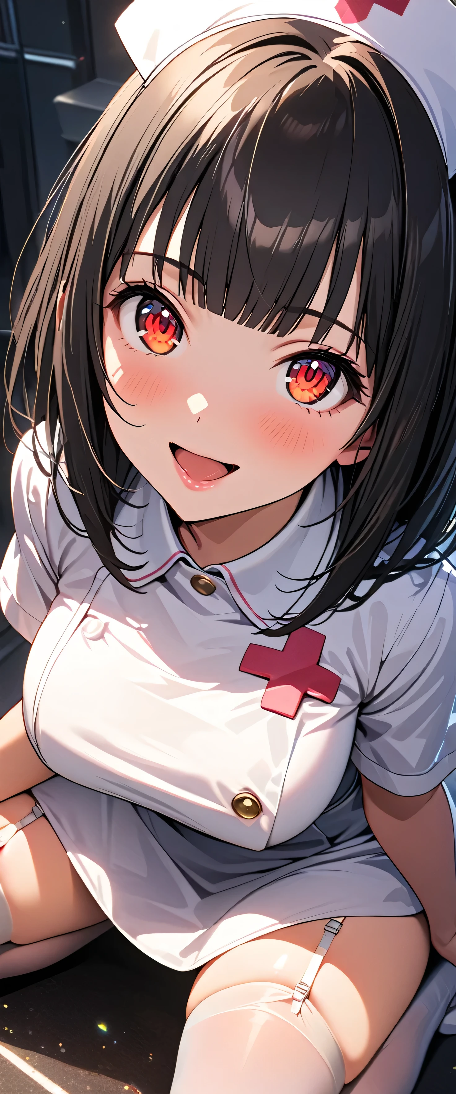 (beautiful girl: 1.3),1girl,masterpiece,Highest quality,Ultra-high resolution,rich contrast,super high quality,8k,Highly detailed CG unit wallpaper,texture,Incredibly absurd,RAW Photos,Highest quality anime,Depth of Field 1.2,Ultra-detailed eyes,Glowing Skin,Glitter effect,Beautiful glossy lips,(blunt bangs,medium hair,Black Hair),Red Eyes,nurse uniform,Nurse working at the hospital,exceptional smile,white nurse uniform,Large Breasts,Big Round Ass,knee high socks,zettai ryouiki,garter straps,Big smile,Open your mouth wide,squatting,Looking up,