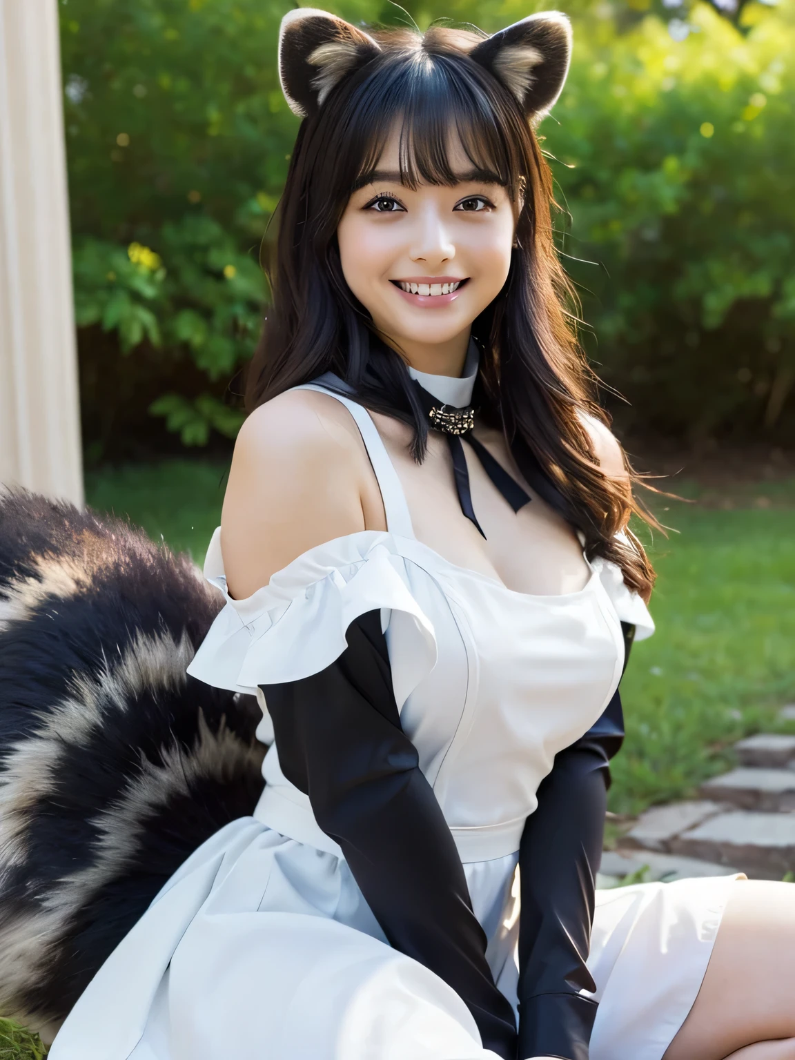 ((highest quality, 32k)), ((masterpiece)), (Get used to it), Perfect Face, Raccoon Girl, Beautiful woman, public, Has a tail, She has a fox tail, She wags her fluffy tail, smile, Dog collar, She is wearing a dress, Beautiful hip line, A tail protruding from the dress skirt, Large Breasts