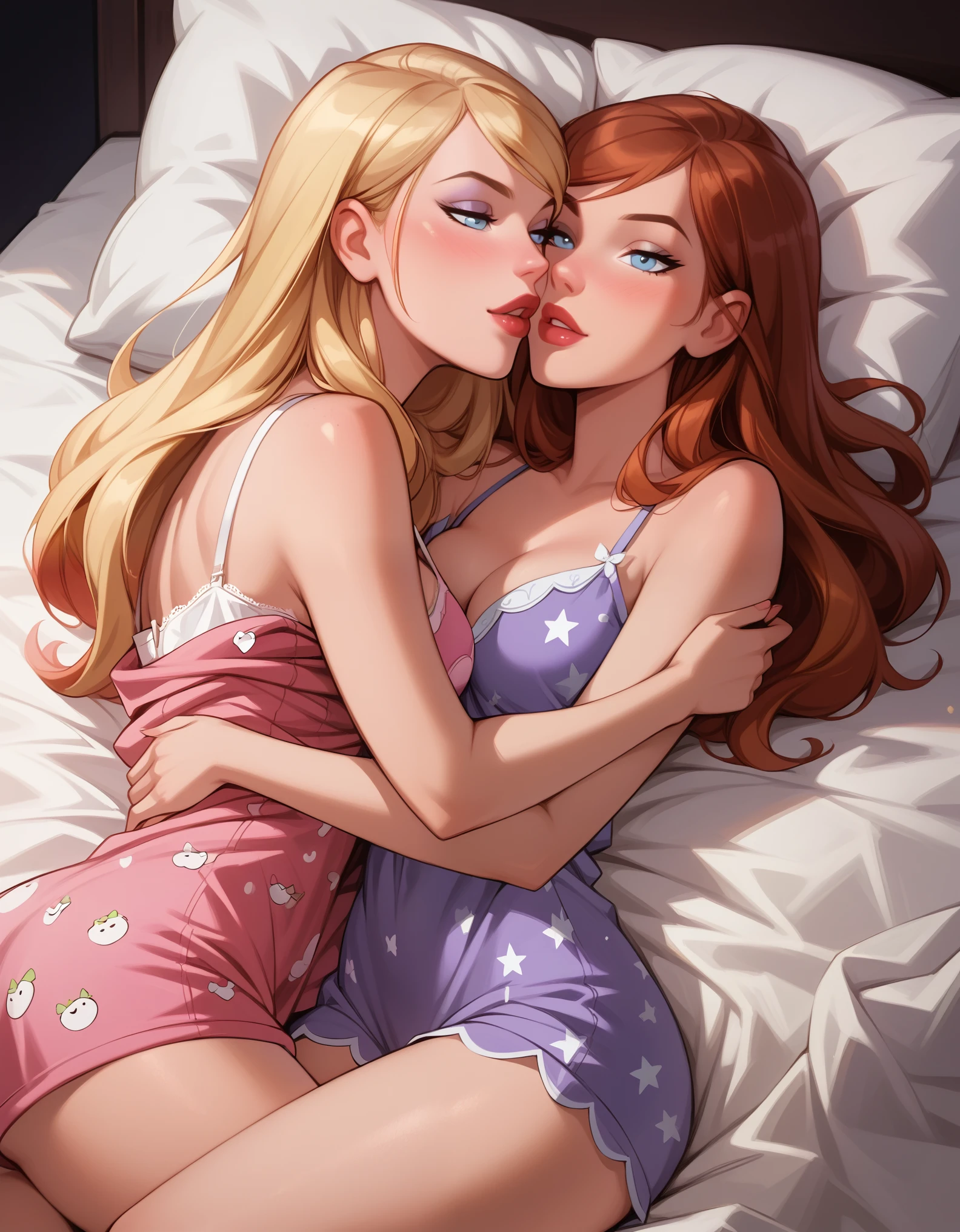 score_9, score_8_up, score_7_up, dcaustyle, 2girls, duo, couple, yuri, (Kara Zor-El, blonde:1.3) and (Barbara Gordon, reddish brown hair:1.2), wearing cute pajamas, flirt, gaze, sexy look, half-closed eyes, head tilt, filled lips, thick lips, makeup, sexy pose, laying together on luxurious bed, elegant bedroom, embracing, aroused, expressiveh d4rk01l, perfect hands, perfect proportions.