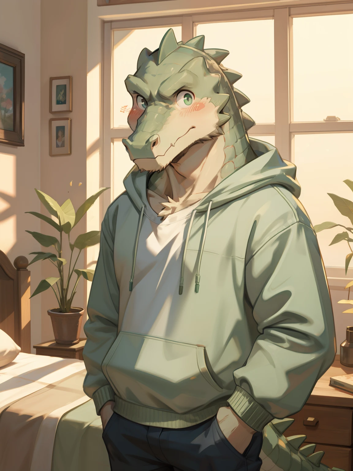 The Crocodile Man, Pastel mint green sweatshirt, , in the bedroom, Looking calmly at the camera, male, blush, slim build, Individual