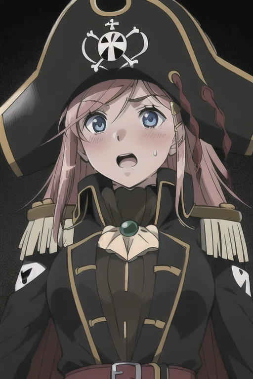 masterpiece, best quality, 1girl, detailed face and eyes, big breasts, cleavage, Katou Marika, (black pirate costume), long coat, belt, (black cargo pants), (black pirate hat), looking at the viewer, facing the viewer, (aroused facial expression), open mouth, blush, sweat, (simple dark background), view from below