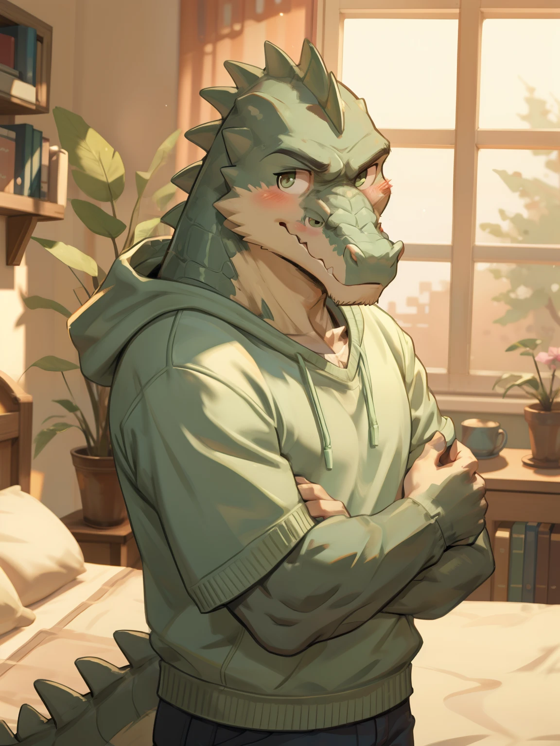 The Crocodile Man, Pastel mint green sweatshirt, , in the bedroom, Looking calmly at the camera, male, blush, slim build, Individual