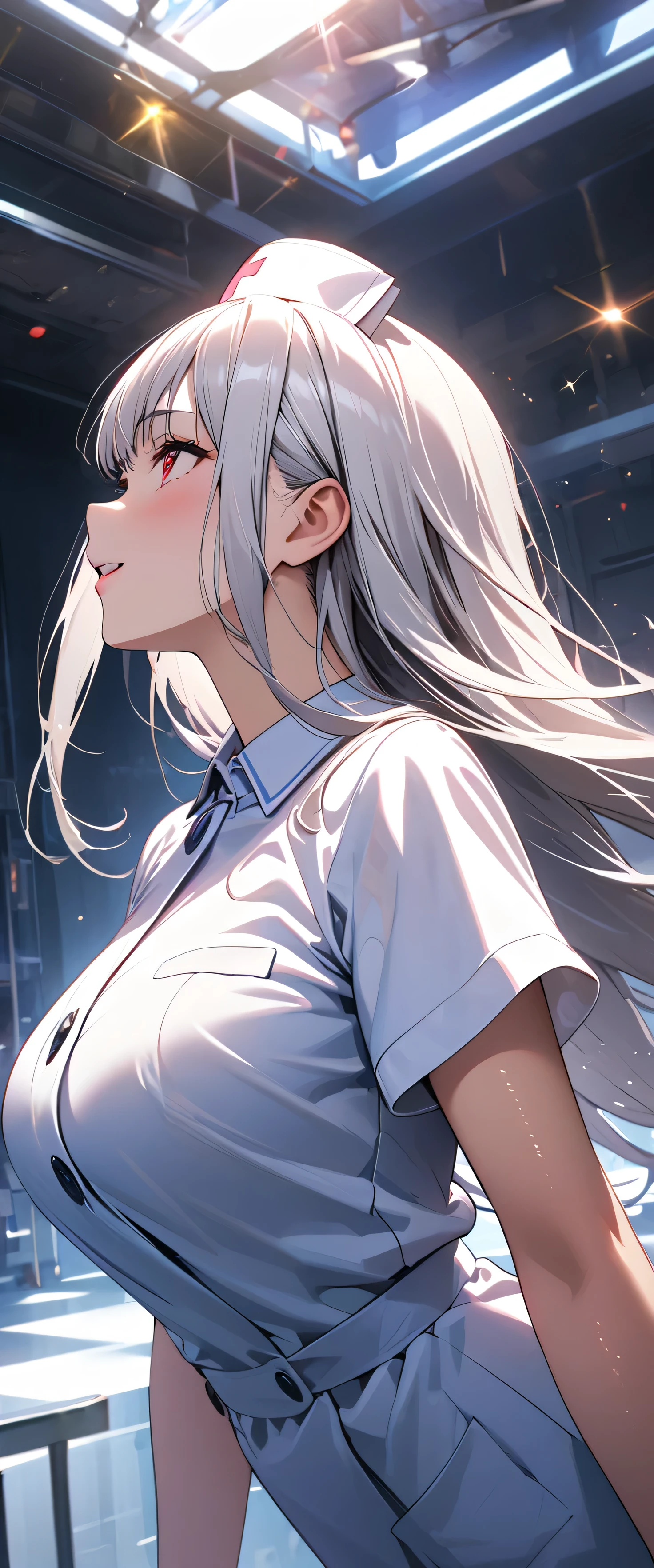 (beautiful girl: 1.3),1girl,masterpiece,Highest quality,Ultra-high resolution,rich contrast,super high quality,8k,Highly detailed CG unit wallpaper,texture,Incredibly absurd,RAW Photos,Highest quality anime,Depth of Field 1.2,Ultra-detailed eyes,Glowing Skin,Glitter effect,Beautiful glossy lips,(Silver-white hair,Long Hair),Red Eyes,nurse uniform,Nurse working at the hospital,exceptional smile,white nurse uniform,Large Breasts,Big Round Ass,Sit and pose,Big smile,Open your mouth wide,Leaning forward,Looking up,Tilt your head,(profile:1.5)