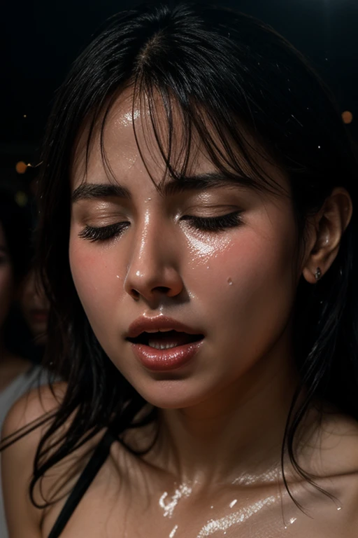 Flying debris,Award-winning photo, Very detailed, Edge Orgasm, Woman with open mouth and closed eyes , Sweaty, Glowing Skin、Lighting that highlights shiny sweat{{{Please spread the word }}}, Black Hair、nsfw,{{{{Crowd of male spectators}}}},Illumination from below、Frowning,Beautiful Japanese,