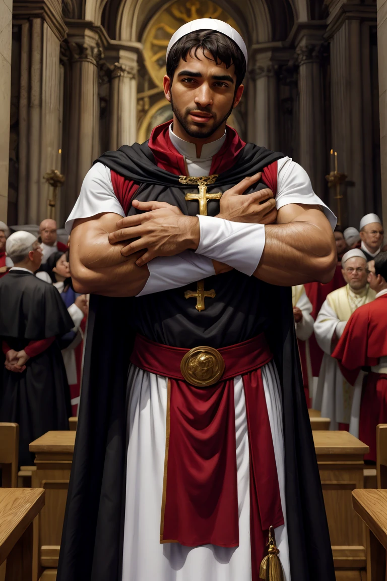 A Leo Ferdinand wearing a fitted sleeveless red and white see-through body-hugging Roman Catholic papal cassock armor, looking at the audience, The expression of peace and justice, Dynamic poseBREAK St. St. Peter&#39;s Basilica, Holy See, Breaking Heroes, Religious themes, chiaroscuro, renaissance art, church power, break reality, cinematic, The best, detailed background, Depth of Field, fine details，Perfect body details，Perfect arm details