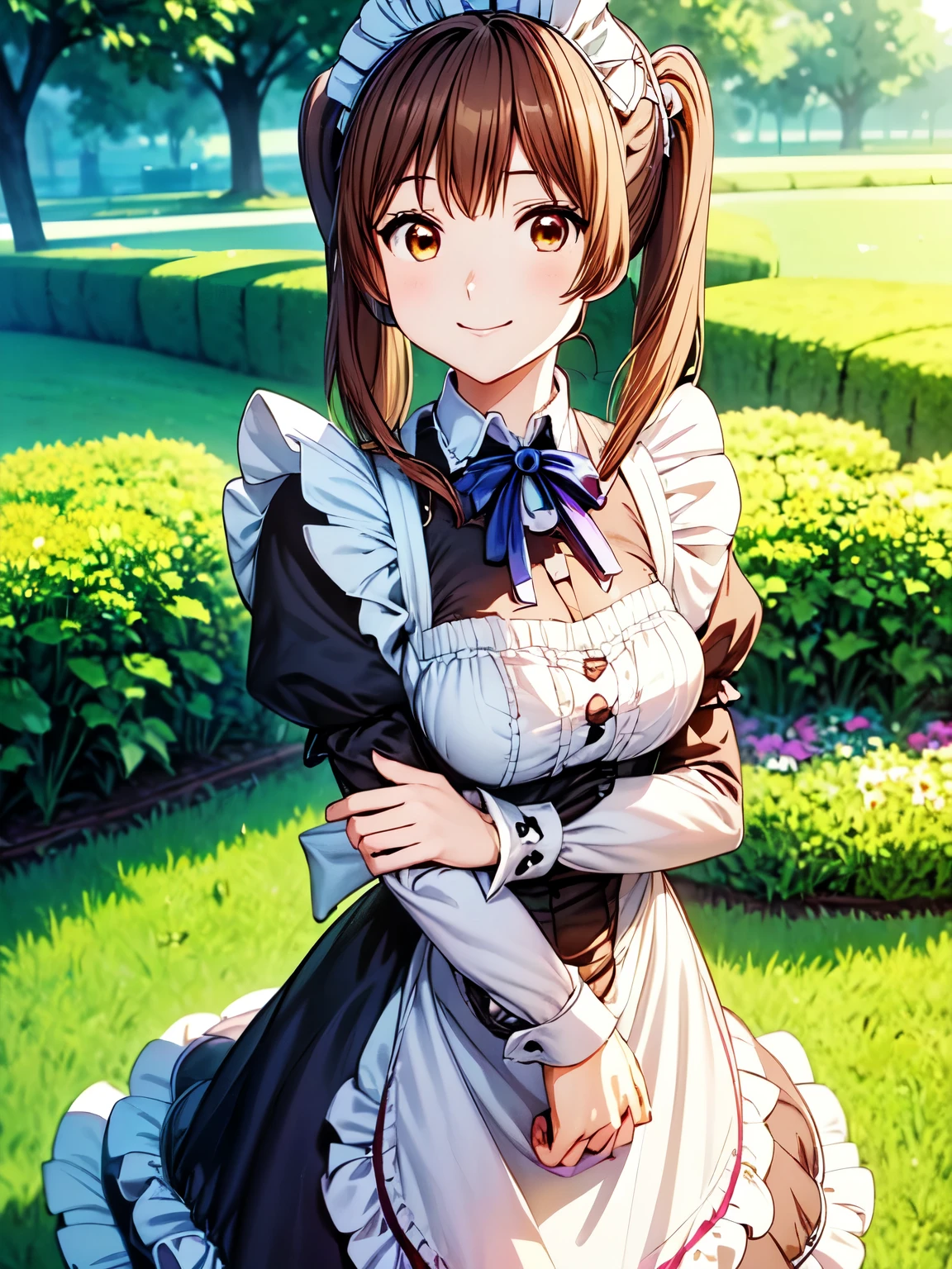 Tabletop, Best Quality, Collected、(Anime illustration style:1.3)、garden、Closed Mouth、smile、One Girl, Alone, Absolute reference to the center、Standing on the grass、Yamato, Brown Hair, Brown eyes、Medium Hair、Slightly low twin tails、Great photos, Dramatic lighting, Absolute reference to the center、4Ｋ，8Ｋ,(Genuine、Genuine志向、写真Genuine志向:1.5）、High resolution、超High resolution、Ultra High Definition Painting、whole body、Cowboy Shot、(Victorian maid outfit:1.5)、