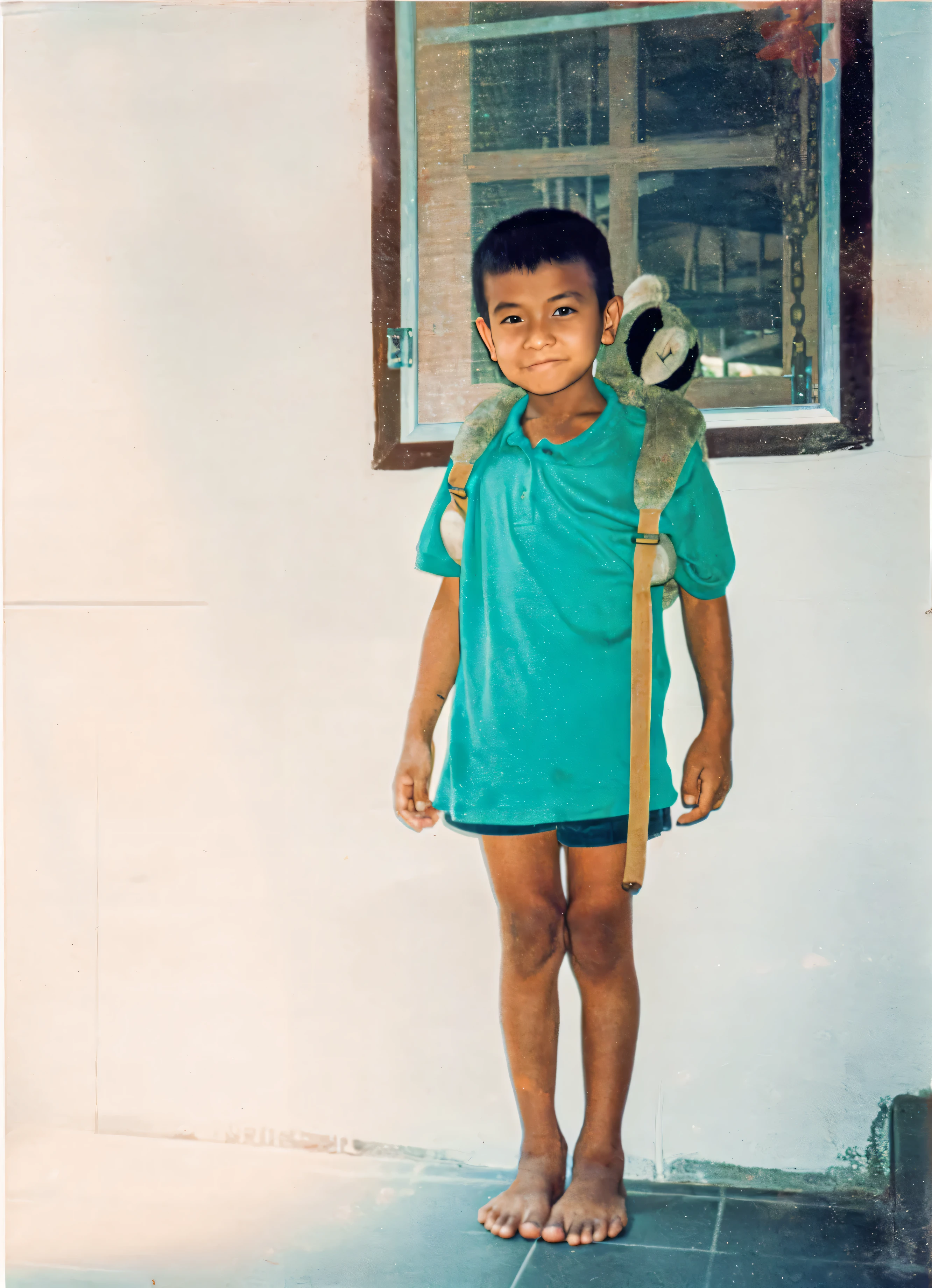 18 year old ,Asian boy, very cute boy,short hair,
strong body, shirtless, tight panties very big bump visible, sexy pose, both legs stand wide open, feet wearing flip flops, in the village there is housing, many banana trees, smiling facial expression