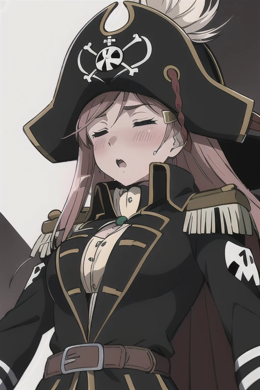 masterpiece, best quality, 1girl, detailed face and eyes, big breasts, cleavage, Katou Marika, (black pirate costume), long coat, belt, (black cargo pants), (black pirate hat), looking at the viewer, facing the viewer, (aroused facial expression), closed eyes, open mouth, blush, sweat, (simple dark background), view from below