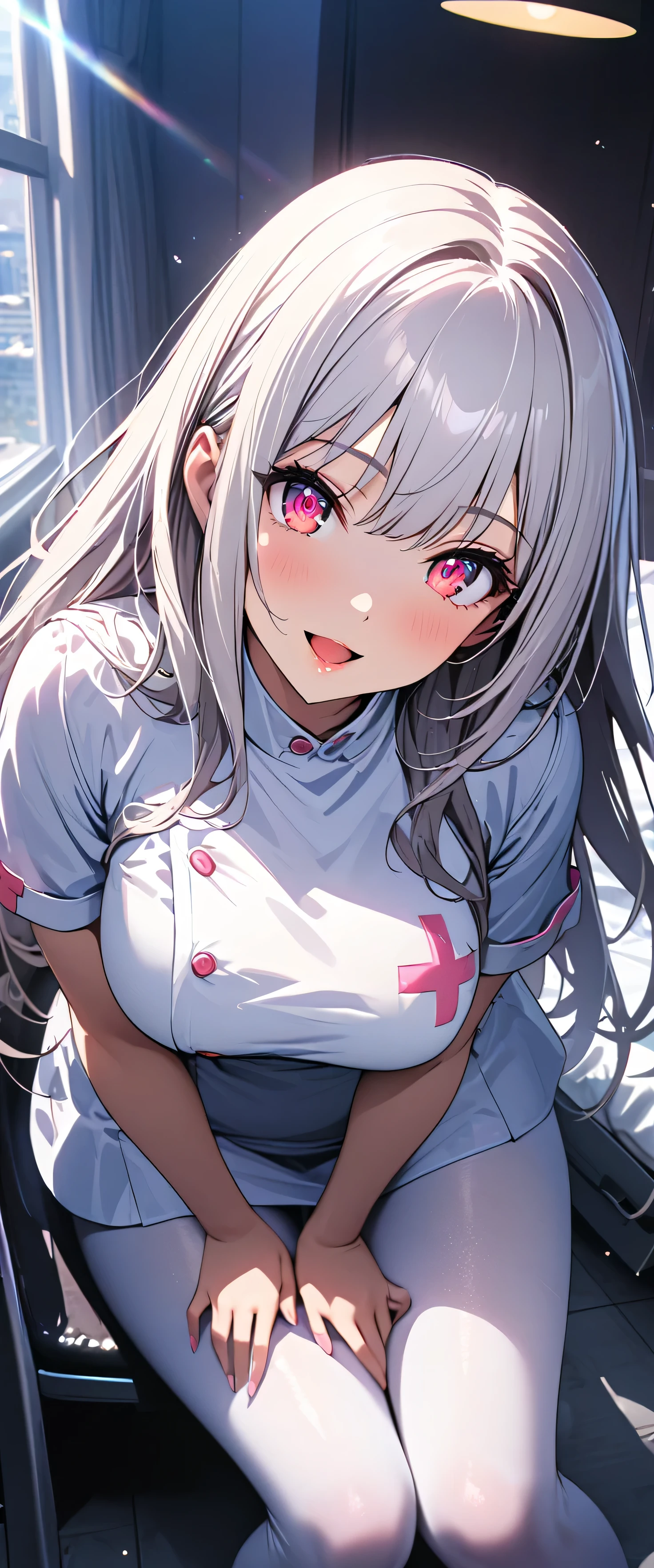 (beautiful girl: 1.3),1girl,masterpiece,Highest quality,Ultra-high resolution,rich contrast,super high quality,8k,Highly detailed CG unit wallpaper,texture,Incredibly absurd,RAW Photos,Highest quality anime,Depth of Field 1.2,Ultra-detailed eyes,Glowing Skin,Glitter effect,Beautiful glossy lips,(Silver-white hair,Long Hair),Red Eyes,nurse uniform,Nurse working at the hospital,exceptional smile,white nurse uniform,Large Breasts,Big Round Ass,Sit and pose,Big smile,Open your mouth wide,Leaning forward,Looking up,