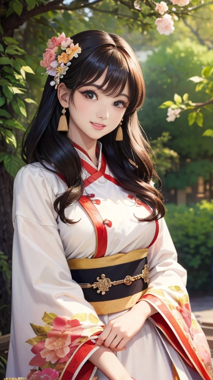 ( High resolution、masterpiece、Highest quality、High resolution、8k、 Super detailed)、 Young beautiful woman、Beautiful Face、Beautiful Face、Pretty lips、Ample breasts、Tea-black Maruge Hairstyle、Smiling Eyes、Hanfu、Cowboy Shot、background、Fantasy World、Immortal Realm、palace、Peach Tree、Detailed CG、