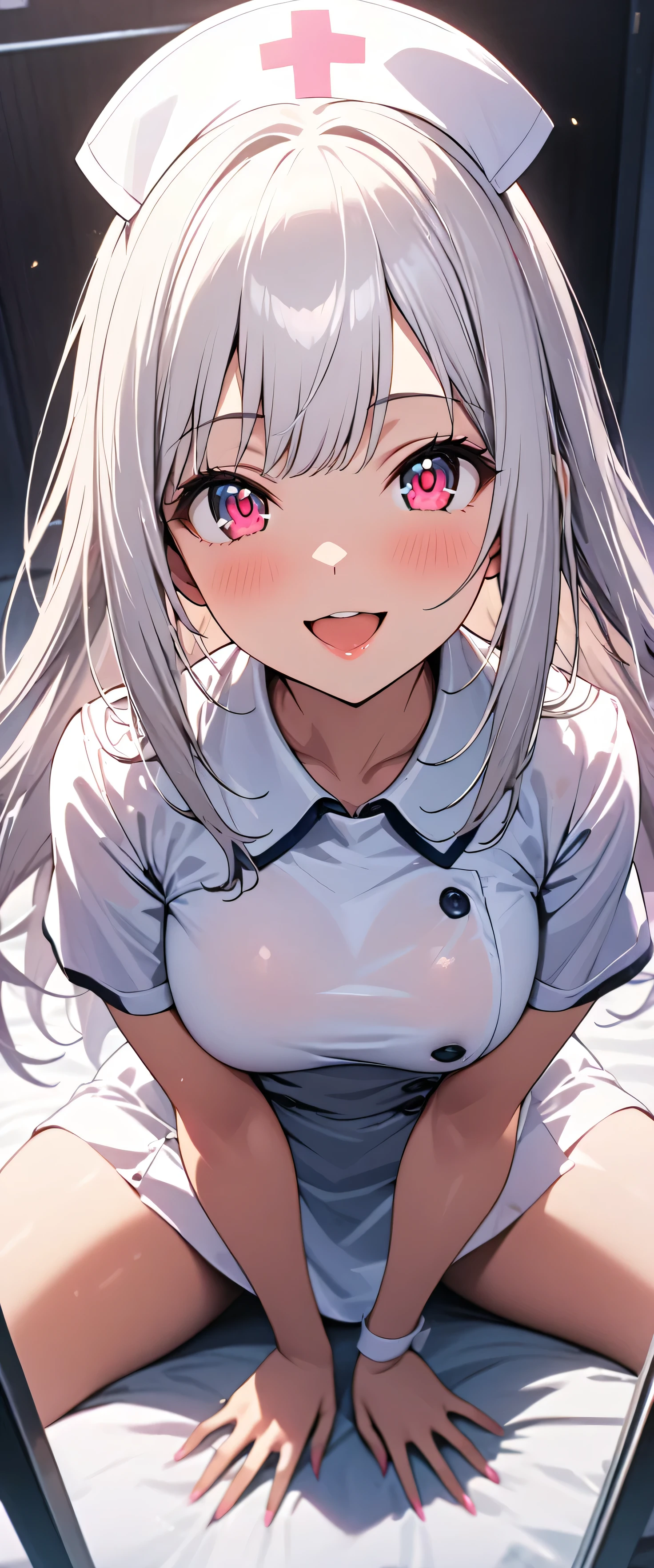 (beautiful girl: 1.3),1girl,masterpiece,Highest quality,Ultra-high resolution,rich contrast,super high quality,8k,Highly detailed CG unit wallpaper,texture,Incredibly absurd,RAW Photos,Highest quality anime,Depth of Field 1.2,Ultra-detailed eyes,Glowing Skin,Glitter effect,Beautiful glossy lips,(Silver-white hair,Long Hair),Red Eyes,nurse uniform,Nurse working at the hospital,exceptional smile,white nurse uniform,Large Breasts,Big Round Ass,Sit and pose,Big smile,Open your mouth wide,Leaning forward,Looking up,