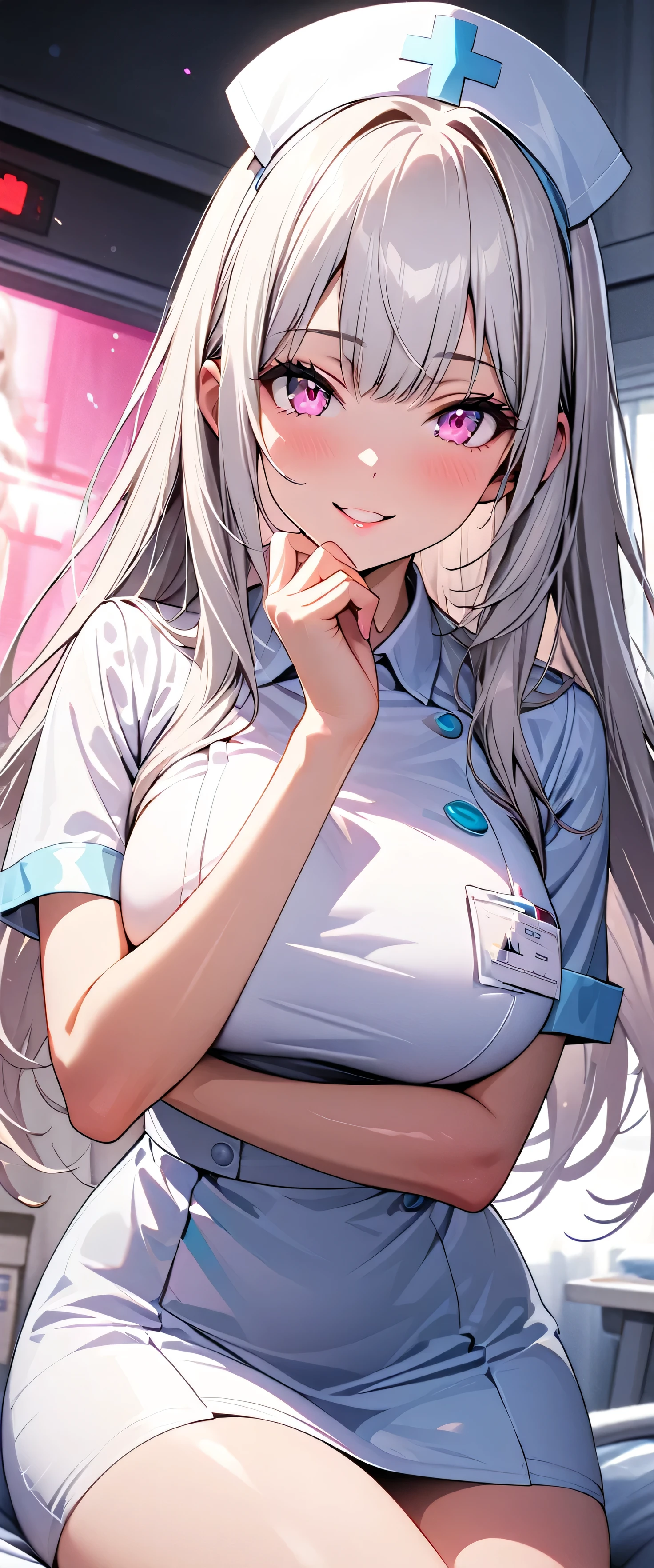 (beautiful girl: 1.3),1girl,masterpiece,Highest quality,Ultra-high resolution,rich contrast,super high quality,8k,Highly detailed CG unit wallpaper,texture,Incredibly absurd,RAW Photos,Depth of Field 1.2,Ultra-detailed eyes,Glowing Skin,Glitter effect,Beautiful glossy lips,(Silver-white hair,Long Hair),Pink Eyes,nurse uniform,Nurse working at the hospital,smile,white nurse uniform,Large Breasts,Big Round Ass,Sit and pose