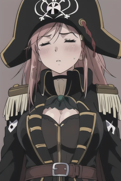 masterpiece, best quality, 1girl, detailed face and eyes, big breasts, cleavage, Katou Marika, (black pirate costume), long coat, belt, (black cargo pants), (black pirate hat), looking at the viewer, facing the viewer, (aroused facial expression), closed eyes, parted lips, blush, sweat, (simple dark background), view from below