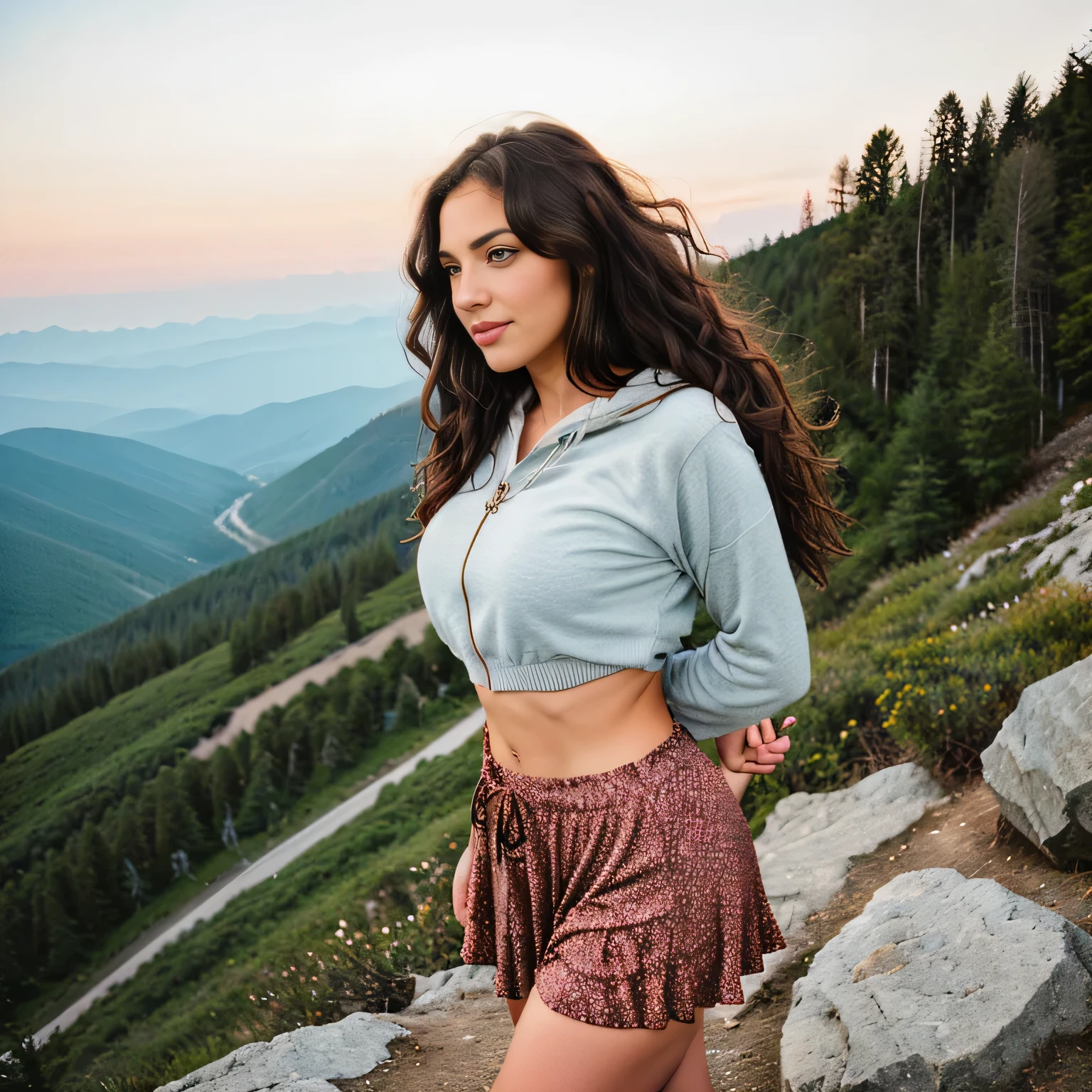 beautiful brunette, good mood,full body, vacation mountain,climbing, naturally wavy hair, real