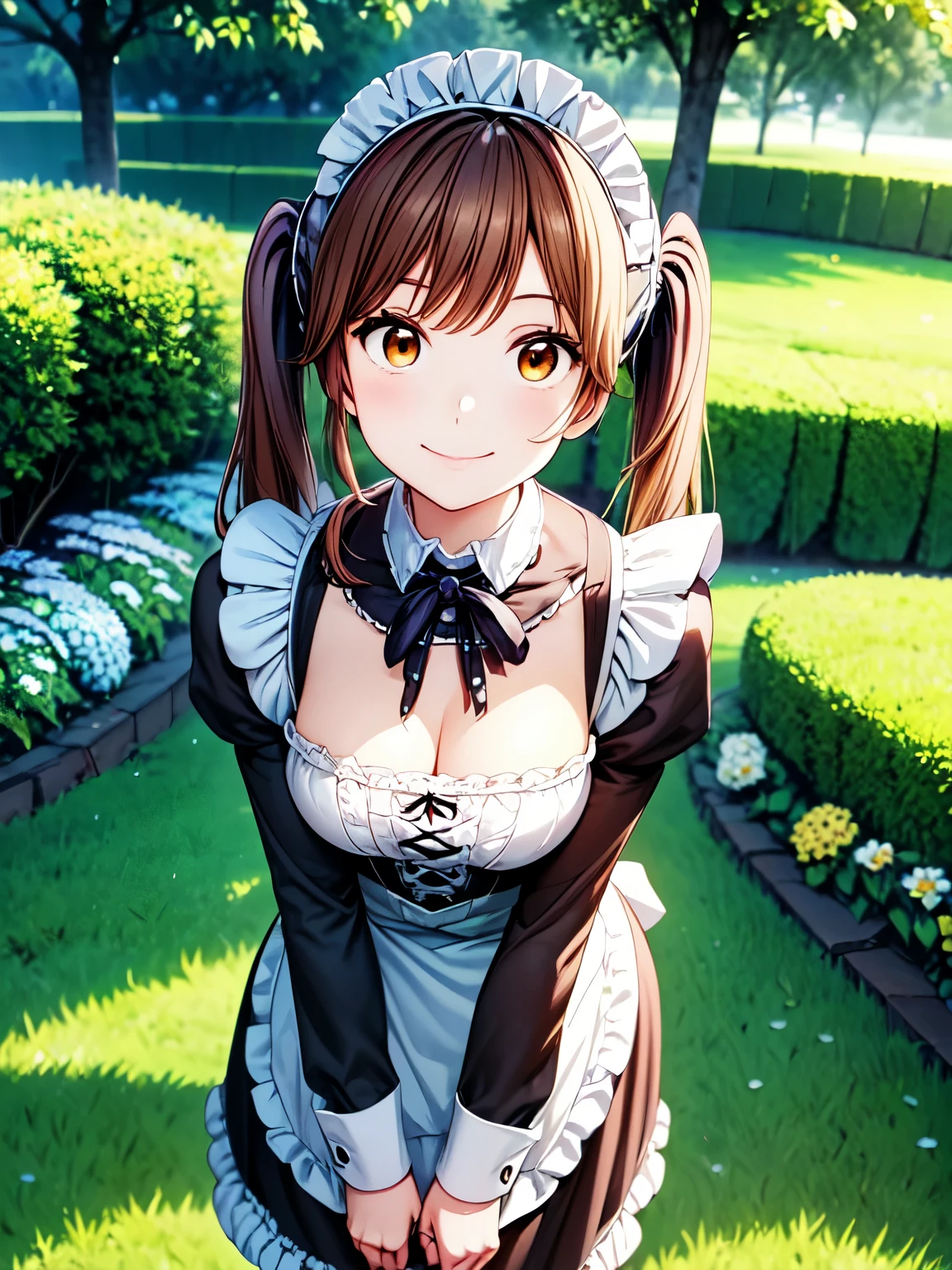 Best Quality、High resolution, Best Quality, Collected、(Anime illustration style:1.1)、garden、Closed Mouth、smile、One Girl, Alone, Absolute reference to the center、Standing on the grass、Yamato, Brown Hair, Brown eyes、Medium Hair、Slightly low twin tails、Great photos, Dramatic lighting, Absolute reference to the center、4Ｋ，8Ｋ,(Genuine、Genuine志向、写真Genuine志向:1.5）、High resolution、超High resolution、Ultra High Definition Painting、whole body、Cowboy Shot、(Victorian maid outfit:1.5)、Leaning forward:1.3