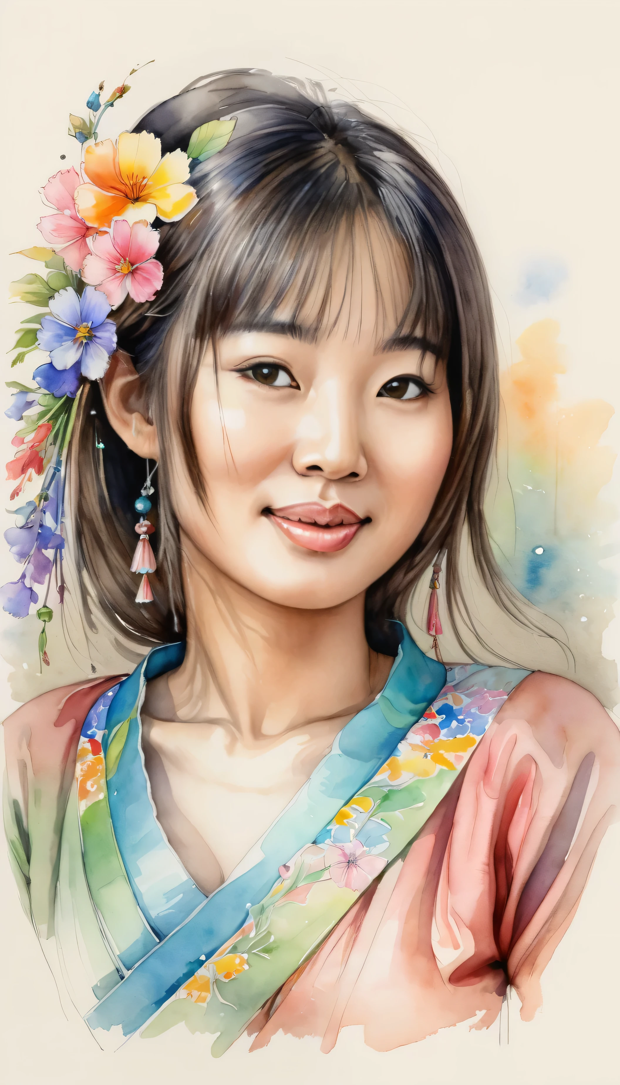 pencil Sketch of a beautiful  asian woman 30 years grande fée avec un châle long coloré et plein coulant orné de fleurs multicolores, douces couleurs pastel mélangées à des aquarelles de couleur vive, assise sur une balançoire en bois ovale,chan-wong,kodew