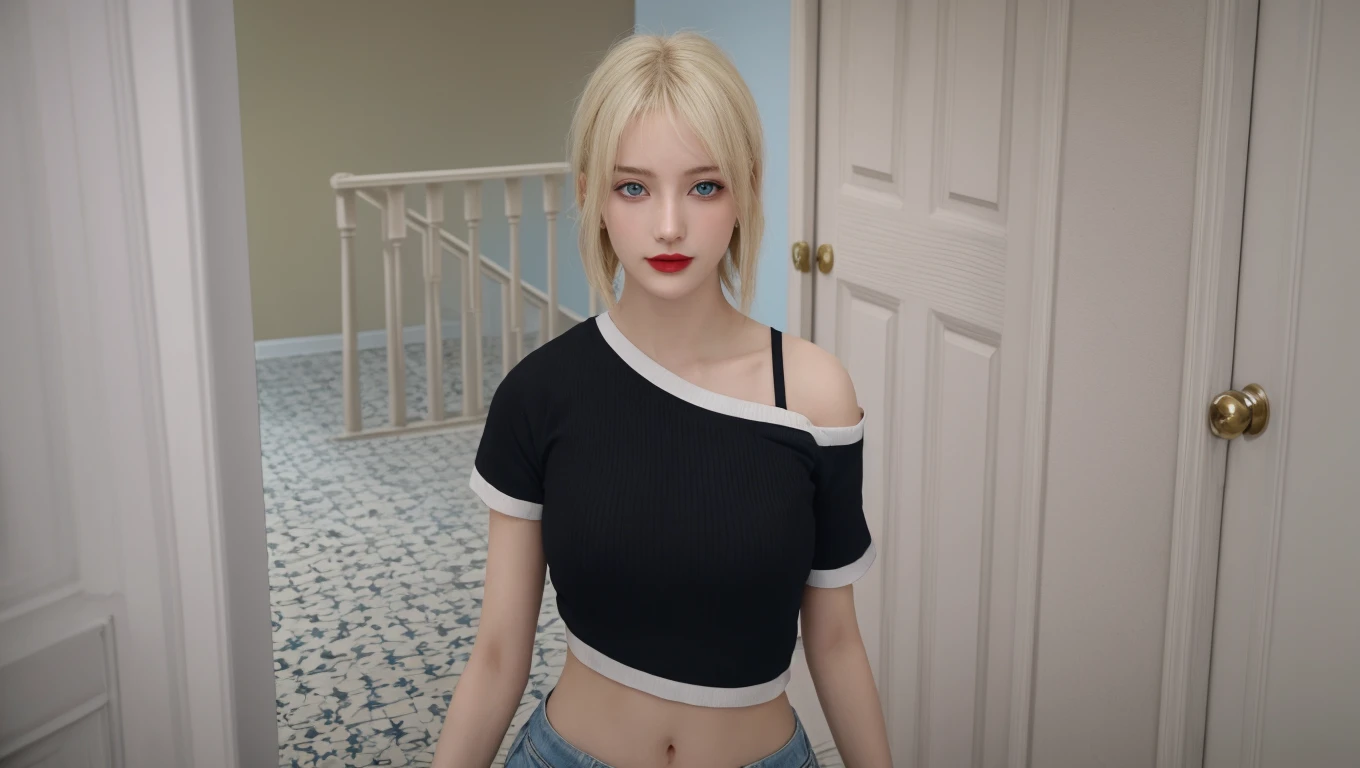 ((top quality, 8k, masterpiece: 1.3)), beauty, 1 girl, slender abs: 1.1, blonde hair, (indoors in the room: 1.2), ultra detailed sleepy face, highly detailed lips, detailed blue eyes, double eyelids