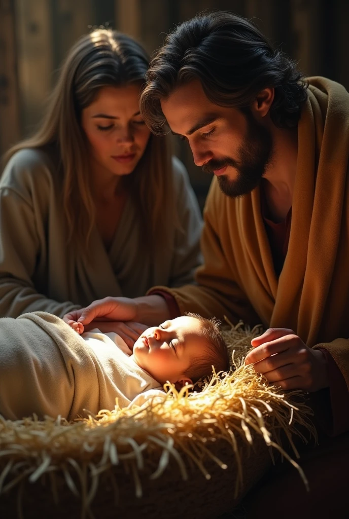 (best quality,4k,highres,masterpiece:1.2),ultra-detailed,(realistic:1.37)
A cozy Nativity scene set in a humble manger, depicting Mary and Joseph with the infant Jesus. The scene exudes warmth and serenity, capturing the essence of the holy moment. The nativity figures are beautifully crafted with exquisite attention to detail, bringing a lifelike quality to the image.

The setting showcases a rustic and intimate atmosphere, emphasizing the simplicity and humbleness of the surroundings. The wooden manger is adorned with delicate straw, adding a touch of authenticity to the scene. Soft, gentle lighting illuminates the area, creating a warm and inviting ambiance.

Mary, portrayed with grace and tenderness, radiates a gentle glow. Her serene face reflects the profound joy and love she holds for her newborn child. Joseph stands by her side, his caring and protective nature evident in his expression. The love and devotion of the parents emanate from the scene, evoking a sense of tranquility and peace.

The newborn Jesus lies peacefully in the manger, wrapped in swaddling clothes. His innocent presence brings a sense of hope and new beginnings to the scene. The intricate details of his tiny face and hands are meticulously depicted, capturing the purity and divine nature of the moment.

The surrounding environment is filled with subtle touches that enhance the nativity scene. A soft bed of hay lines the manger, providing comfort and warmth. Delicate rays of light gently filter through a nearby window, casting a heavenly glow on the holy family. The atmosphere is serene and quiet, allowing the viewers to reflect and appreciate the profound significance of the moment.

The overall color palette is warm and inviting, with earthy tones and soft hues. The composition evokes a sense of harmony and unity, accentuating the intimate connection between Mary, Joseph, and the infant Jesus. The attention to detail and the mastery of light and shadow create a realistic and immersive image that transports the viewers into the sacred scene.

This masterpiece of art combines elements of traditional imagery and contemporary techniques, resulting in a timeless portrayal of the Nativity. It captures the essence of the humble birth of Jesus, emphasizing the profound love and warmth that surrounds this iconic moment in history.