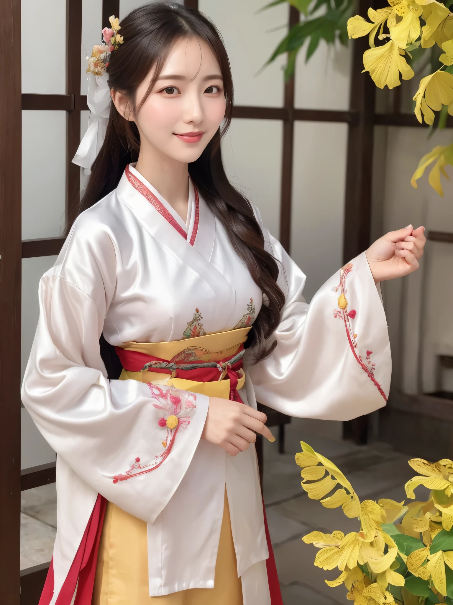 ((real photos:1.3)),((Super detailed)),((sharp:1.5)),1 female, A Korean-style woman walks around the palace，Smiling face。A woman wearing hanbok，Beautiful breast shape,Hair tied up and fixed with hostas，Makeup，fair complexion and light pink lips，Wearing a beautifully embroidered bright 저고리，Wide sleeves，I took off half of it and saw the beautiful breasts and nipples,Pair it with a flowing 치마 skirt in a contrasting color，Wearing traditional flat silk shoes，soft light，Ultra-high realism --style raw --s 400 --ar 4:3 -- in 6