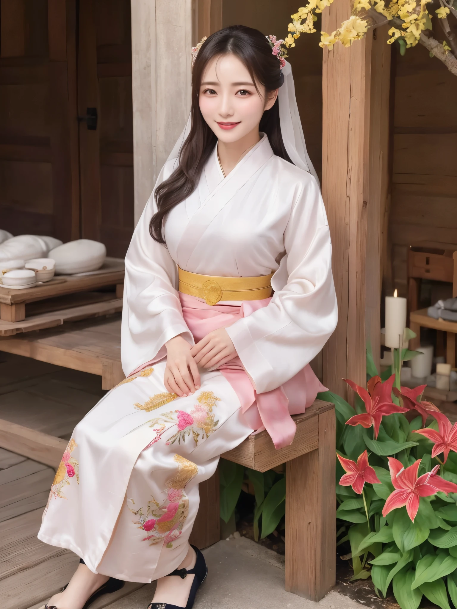 ((real photos:1.3)),((Super detailed)),((sharp:1.5)),1 female, A Korean-style woman walks around the palace,Smiling face。A woman wearing hanbok,Beautiful breast shape,Hair tied up and fixed with hostas,Makeup,fair complexion and light pink lips,Wearing a beautifully embroidered bright 저고리,Wide sleeves,I took off half of it and saw the beautiful breasts and nipples,Pair it with a flowing 치마 skirt in a contrasting color,Wearing traditional flat silk shoes,soft light,Ultra-high realism --style raw --s 400 --ar 4:3 -- in 6