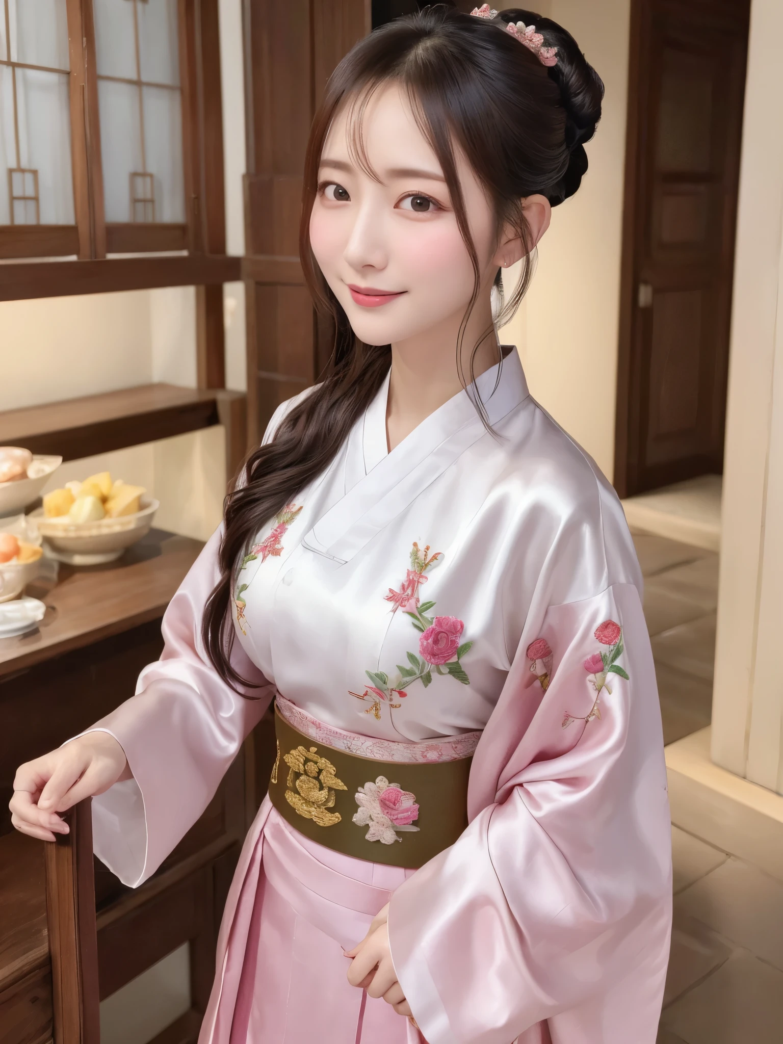 ((real photos:1.3)),((Super detailed)),((sharp:1.5)),1 female, A Korean-style woman walks around the palace,Smiling face。A woman wearing hanbok,Beautiful breast shape,Hair tied up and fixed with hostas,Makeup,fair complexion and light pink lips,Wearing a beautifully embroidered bright 저고리,Wide sleeves,I took off half of it and saw the beautiful breasts and nipples,Pair it with a flowing 치마 skirt in a contrasting color,Wearing traditional flat silk shoes,soft light,Ultra-high realism --style raw --s 400 --ar 4:3 -- in 6