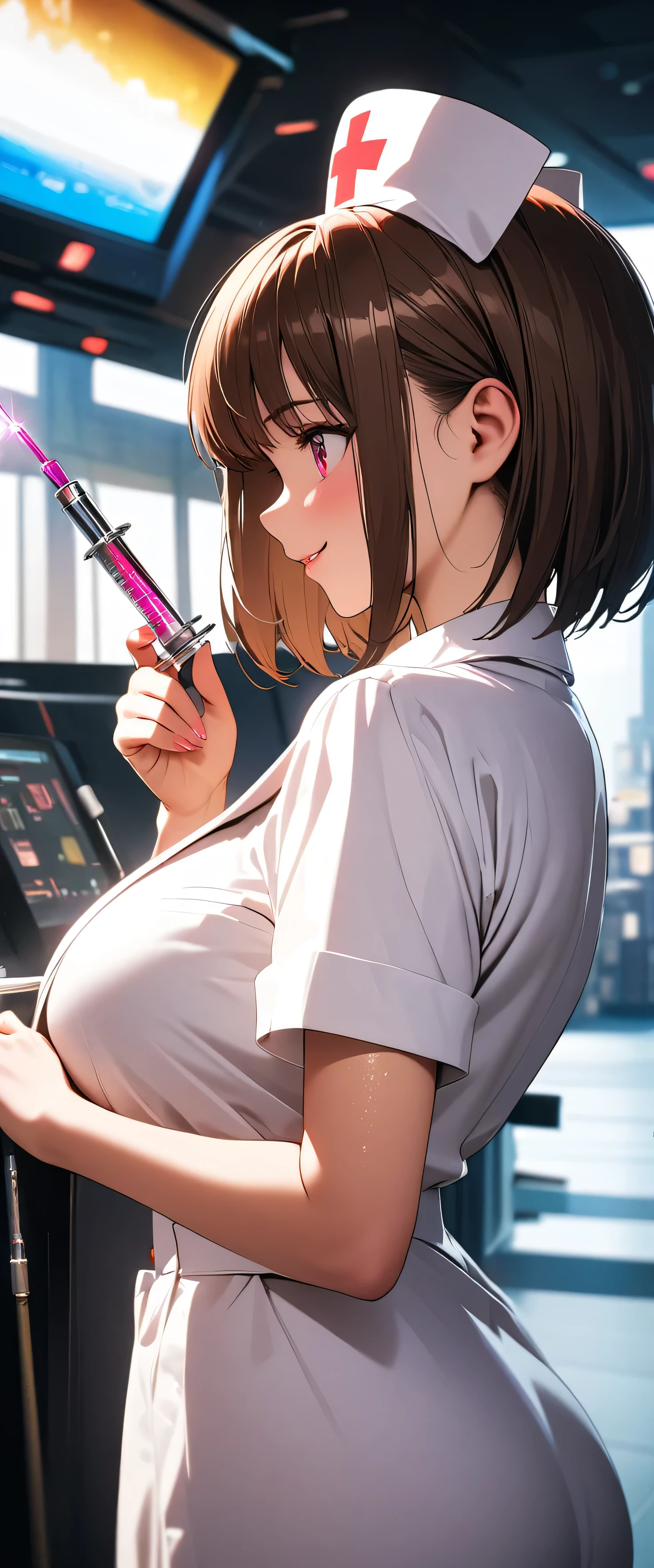 (beautiful girl: 1.3),1girl,masterpiece,Highest quality,Ultra-high resolution,rich contrast,super high quality,8k,Highly detailed CG unit wallpaper,texture,Incredibly absurd,RAW Photos,Highest quality anime,Depth of Field 1.2,Ultra-detailed eyes,Glowing Skin,Glitter effect,Beautiful glossy lips,(Brown Hair,Sharp Bob),Red Eyes,wide-eyed,nurse uniform,Embarrassing,white nurse uniform,Large Breasts,Big Round Ass,(profile:1.5),She has a syringe,smile