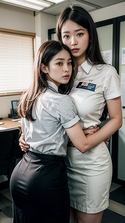 (Realistic , photo-Realistic:1.4), (Best Quality, masterpiece), RAW Photos, High resolution, Intricate details, Very detailed, (whole body), (Two Girls, Yuri Couple, Two Japanese office ladies, Short girl and tall girl:1.8), (A tall girl hugs a short girl from behind:1.4), (White collared shirt, Black tight skirt, Wearing an office lady uniform:1.2), (Grab your chest, Breast Lift, Grab your ass, Touching each other&#39;s bodies:1.5), (Huge breasts, Clevis:1.2),  (Detailed face, detailed eyes, A sophisticated nose), Pale skin, Big smile, Photo Background, indoor,