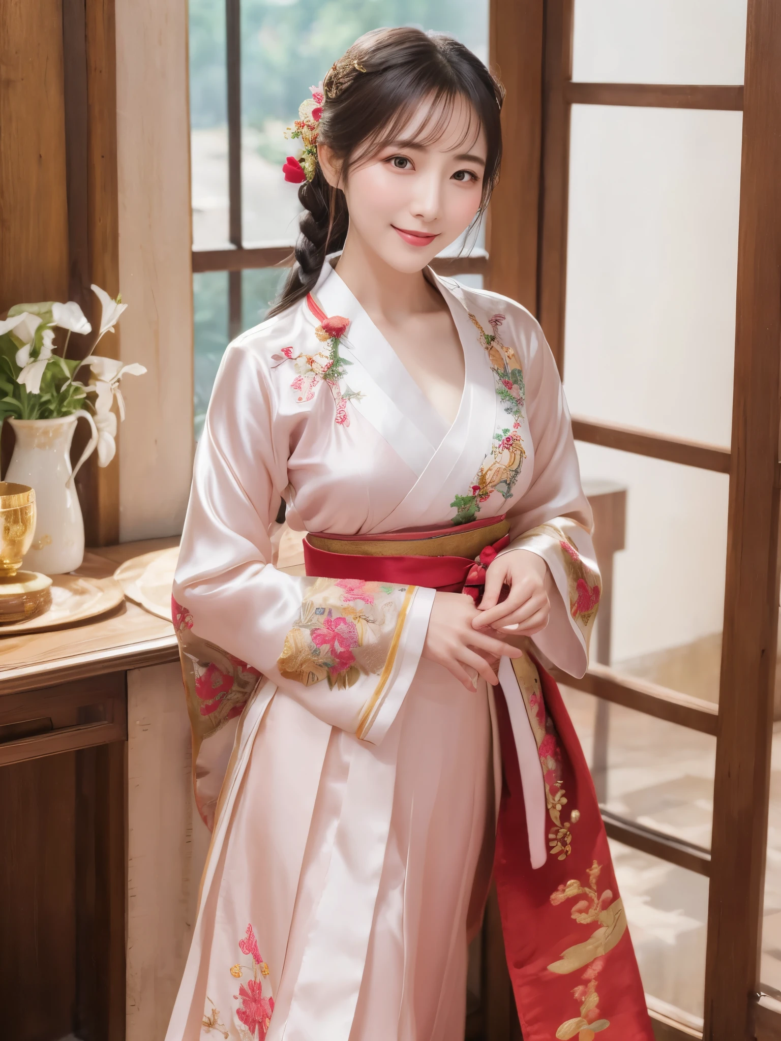 ((real photos:1.3)),((Super detailed)),((sharp:1.5)),1 female, A Korean-style woman walks around the palace，Smiling face。A woman wearing hanbok，Beautiful breast shape,Hair tied up and fixed with hostas，Makeup，fair complexion and light pink lips，Wearing a beautifully embroidered bright 저고리，Wide sleeves，I took off half of it and saw the beautiful breasts and nipples,Pair it with a flowing 치마 skirt in a contrasting color，Wearing traditional flat silk shoes，soft light，Ultra-high realism --style raw --s 400 --ar 4:3 -- in 6