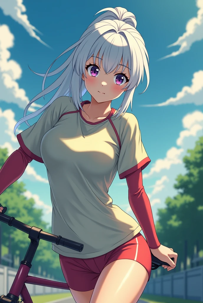 Masterpiece. The best art. Best quality. Full HD. Saturate. Grass field. Day sky. Blue sky. Colombus cloud. 1girl. Young girl. Slim body. Long hair. Bangs. White light hair. Glowing eyes. Detailed beautiful eyes. Bright aqua eyes. White T - shirt oversized. (Bandage at her face). Holding katana