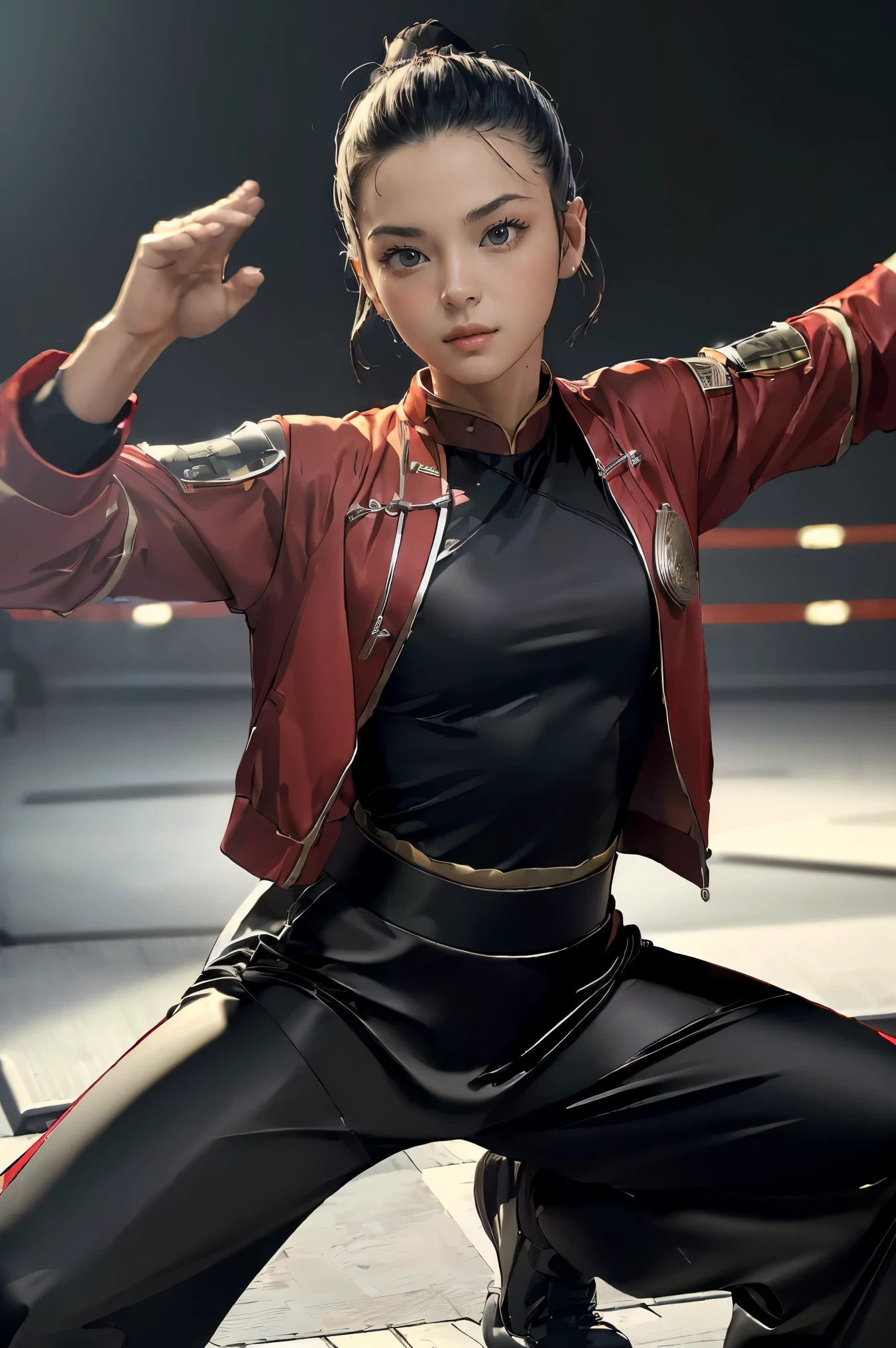 (((Highest quality, 8k, masterpiece:1.3)), 1girl, ((futuristic Kung Fu Clothing)), Toned Body,  black track pants, red kungfu-styled jacket, Looking at the viewer, dynamic pose, model pose,