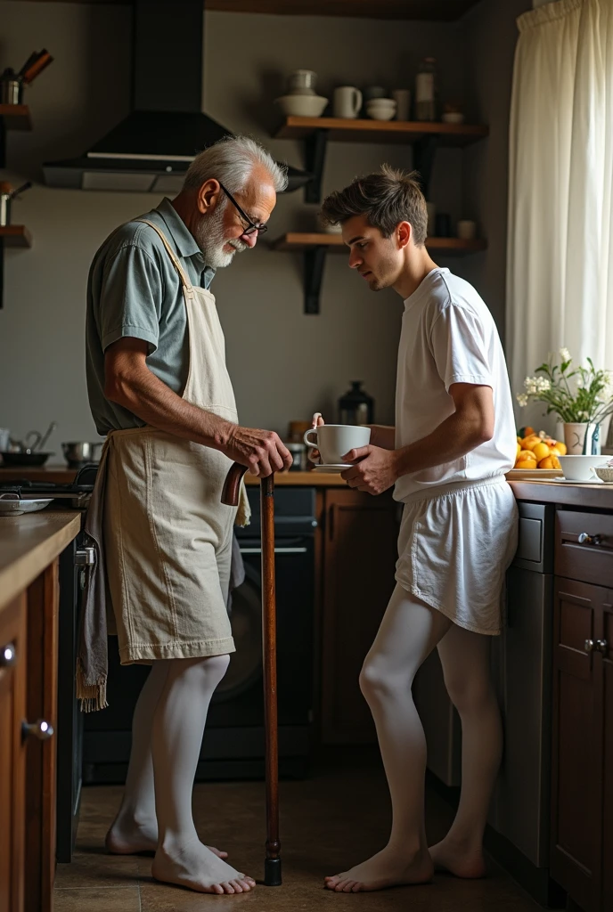 Young cute beautiful face skinny white man without shirt knitting clothes with a beautiful man grandmother on an old knitting machine
