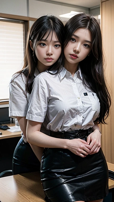 (Realistic, photo-Realistic:1.4), (Best Quality, masterpiece), RAW Photos, High resolution, Intricate details, Very detailed, (whole body), (Two Girls, Yuri Couple, Two Japanese office ladies, Short girl and tall girl:1.8), (A tall girl hugs a short girl from behind:1.4), (White collared shirt, Black tight skirt, Wearing an office lady uniform:1.2), (Grab your chest, Breast Lift, Grab your ass, Touching each other&#39;s bodies:1.5), (Huge breasts, Clevis:1.2), (Detailed face, detailed eyes, A sophisticated nose), Pale skin, Big smile, Photo Background, indoor,