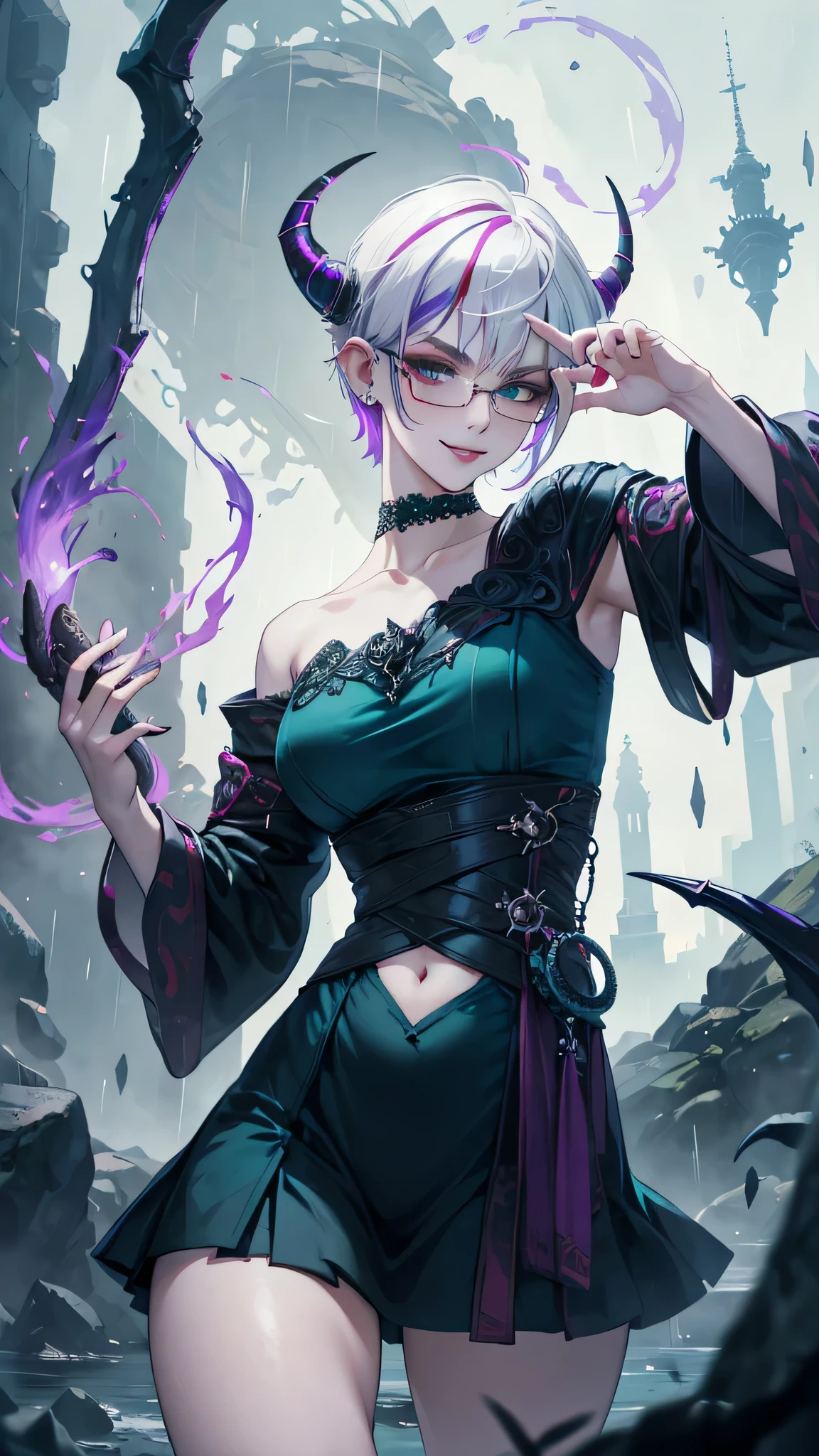 8k, masterpiece, best quality, highly detailed, 1 girl, tiefling, warlock, multicolored hair, very short straight hair green highlight hair on white hair, strippled hair, wearing glasses, round glasses, earrings, long dress with side cut, lace dress, red eyeshadow, long eyelashes,navel piercing, blushed cheek, necklace, collarbone, high heels, mole, glamorous, purple and teal clothing, villainy, smirk, seductive face, close up view, rings, looking at viewer, standing, demon horns, solo, hand touching cheek, school, black lace gloves, holding book, sensei, miniskirt.