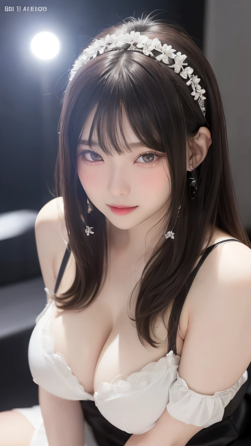 Tabletop、Close-up shot of face、(8k、RAW Photos、Best Quality、masterpiece: 1.2)、Heavy eye makeup:1.4、Beautiful big brown eyes、Glowing White Skin、Straight Hair、Blunt bangs、A very pretty and beautiful young woman、((Big Breasts:1.5))、Shiny satin fabric、(Sexy black dress)、Cleavage、White background:1.5、Very detailedな, Very detailed, Best Quality, High resolution, Very detailed,1 person, Best Quality, Curvaceous figure, Emphasized , smile、Looking at the audience, Realist ,Genuine,(((Blurred Background:1.5、Photo Studio、Cinema Lighting、Professional Photographer)))