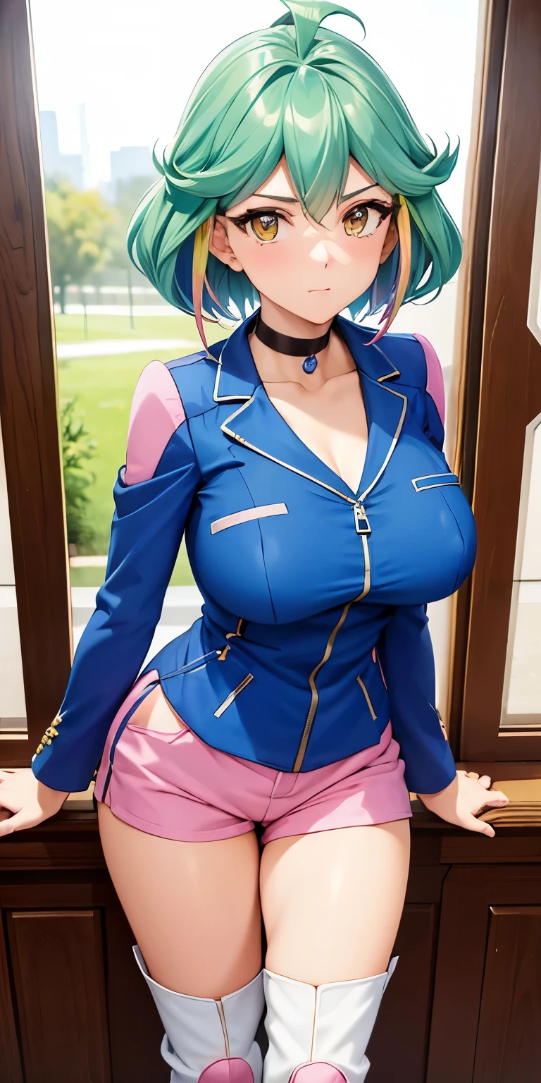 1 Female,High definition,high resolution,Ultra-realistic,8K, rin_arc_v,blue jacket,long sleeves,black choker,pink shorts,white thighs boots, multicolored hair,yellow eyes,European,sexy,Upper body close-up,Photographed from the front,Dynamic Angles,private teacher,blush, huge tits, nipples ,show tits , pretty  ,(pov , closed shot:1.3)