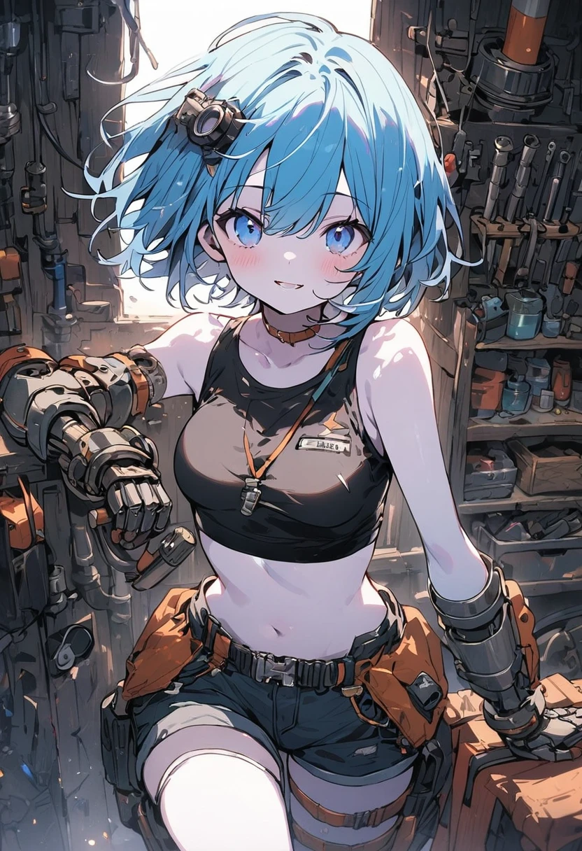 Gwen total drama, ripped clothes, tattered clothes, ripped white shirt, long earphone jack earlobes, nsfw, shocked, holding boobs, hand on boob, full body, small boobs, blue and black bob