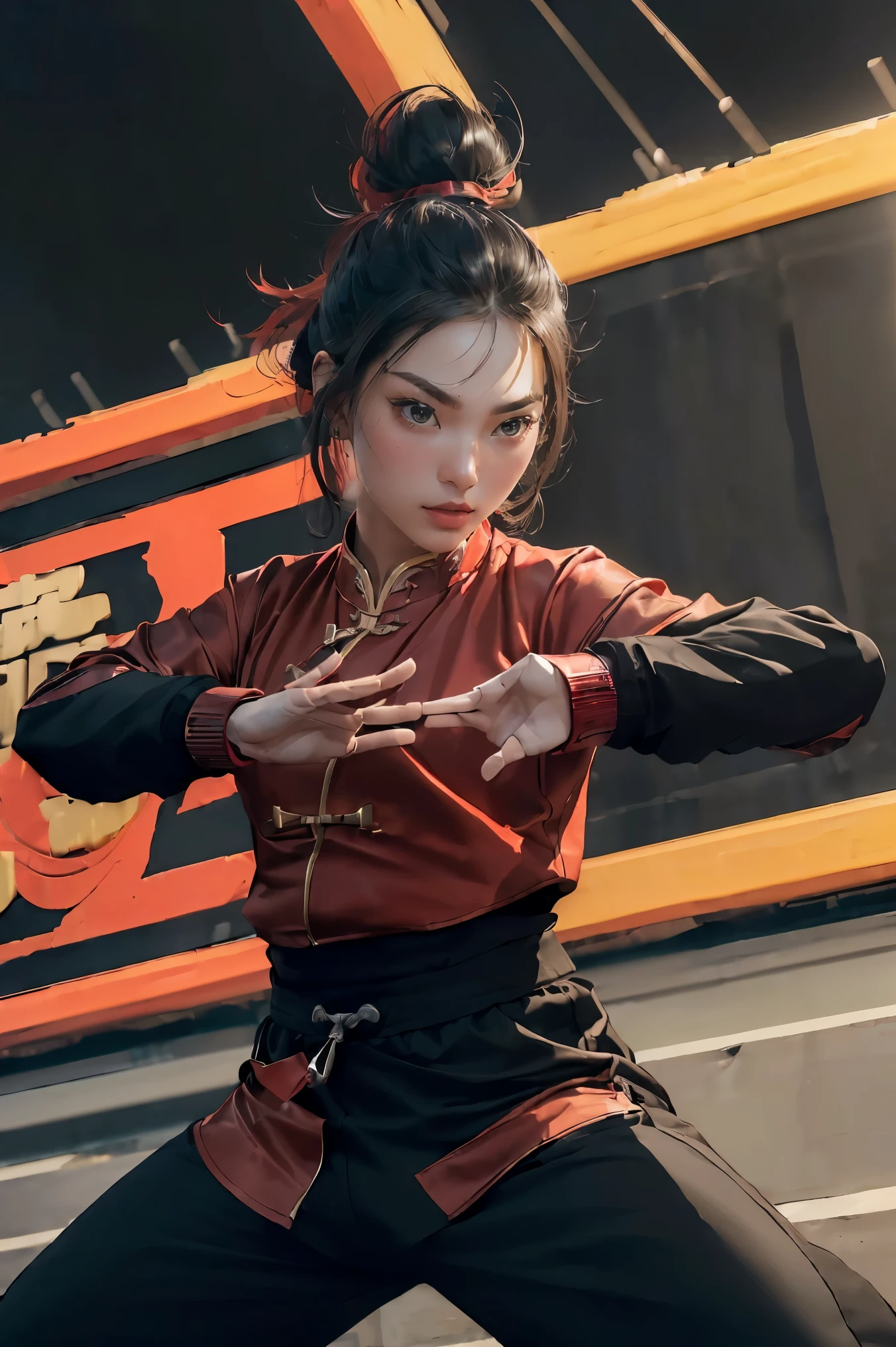 (((Highest quality, 8k, masterpiece:1.3)), 1girl, ((futuristic Kung Fu Clothing)), Toned Body,  black track pants, red kungfu-styled jacket, Looking at the viewer, dynamic pose, model pose,