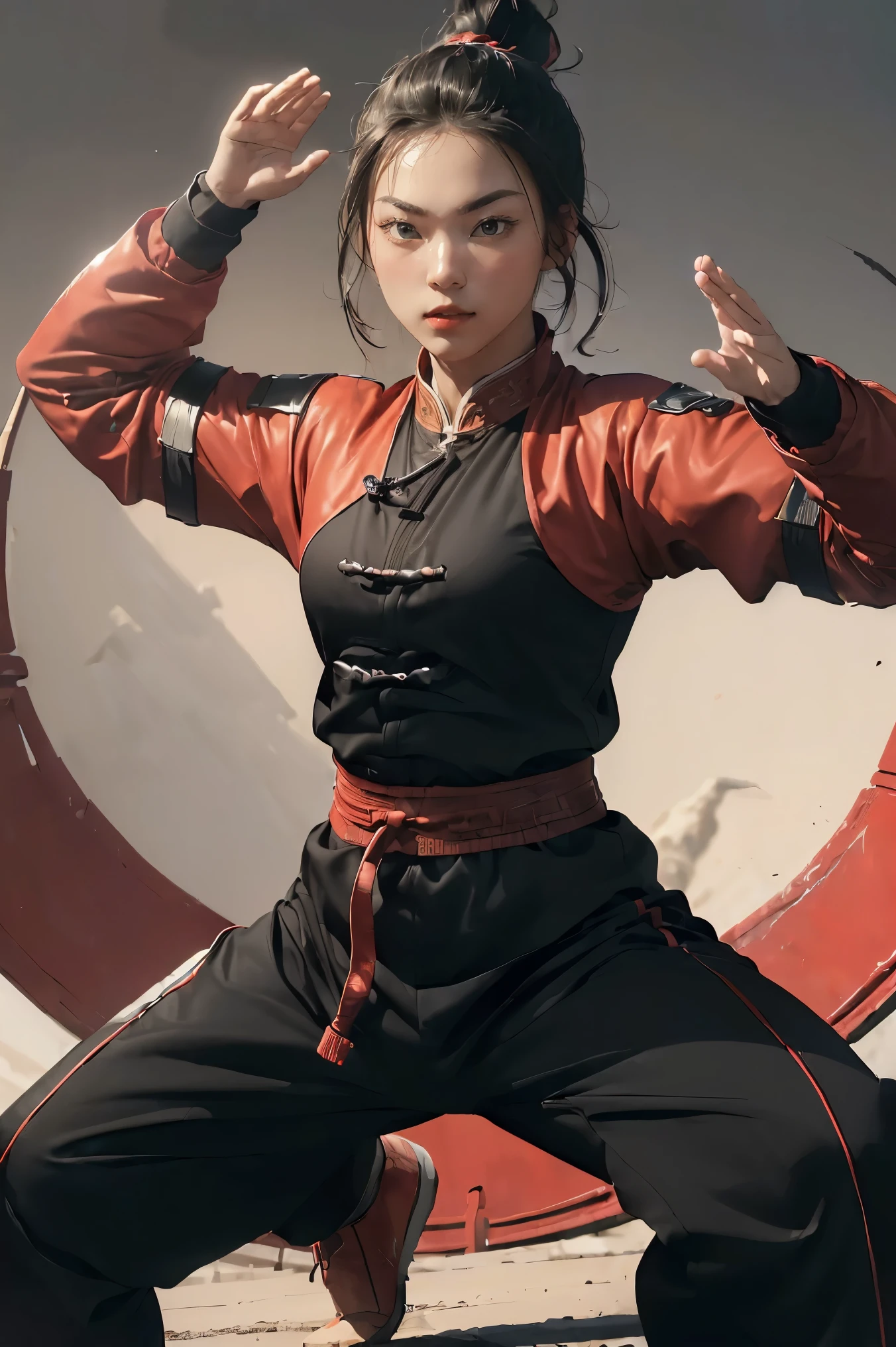 (((Highest quality, 8k, masterpiece:1.3)), 1girl, ((futuristic Kung Fu Clothing)), Toned Body,  black track pants, red kungfu-styled jacket, Looking at the viewer, dynamic pose, model pose,