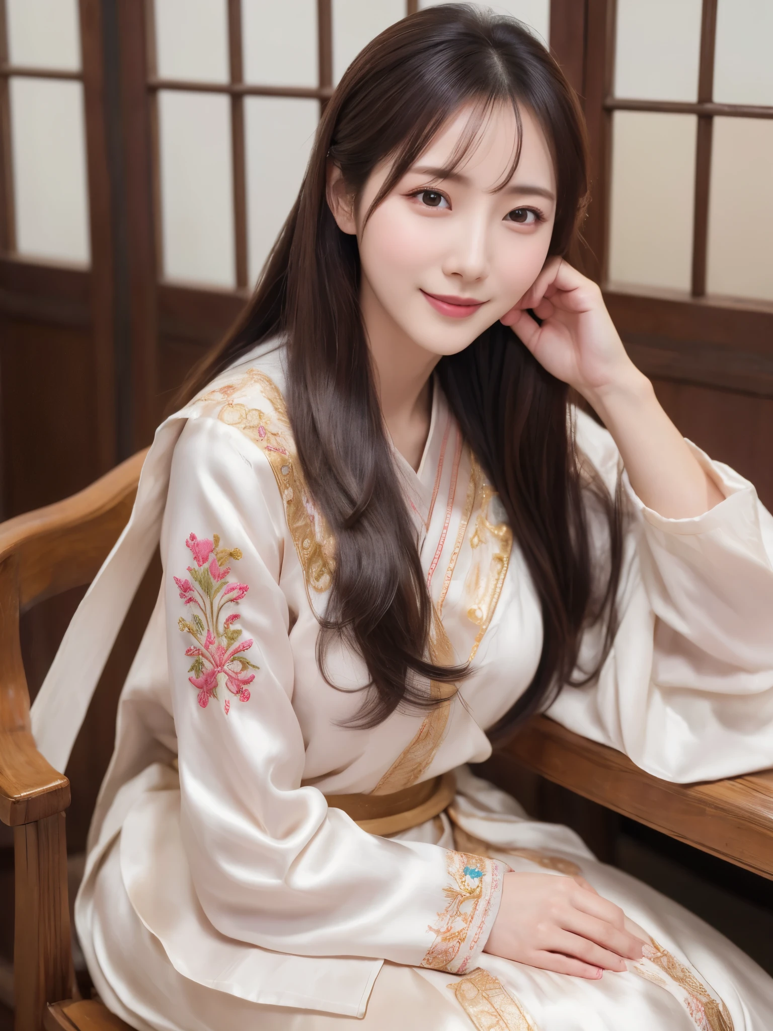 ((real photos:1.3)),((Super detailed)),((sharp:1.5)),1 female, A Korean-style woman walks around the palace，Smiling face。Beautiful breast shape,Hair tied up and fixed with hostas，Makeup，fair complexion and light pink lips，Wearing a bright 저고리 that is made of very good material and beautifully embroidered, only worn by the royal family.，Wide sleeves，I took off half of it and saw the beautiful breasts and nipples,Pair it with a flowing 치마 skirt in a contrasting color，Wearing traditional flat silk shoes，soft light，Ultra-high realism --style raw --s 400 --ar 4:3 -- in 6