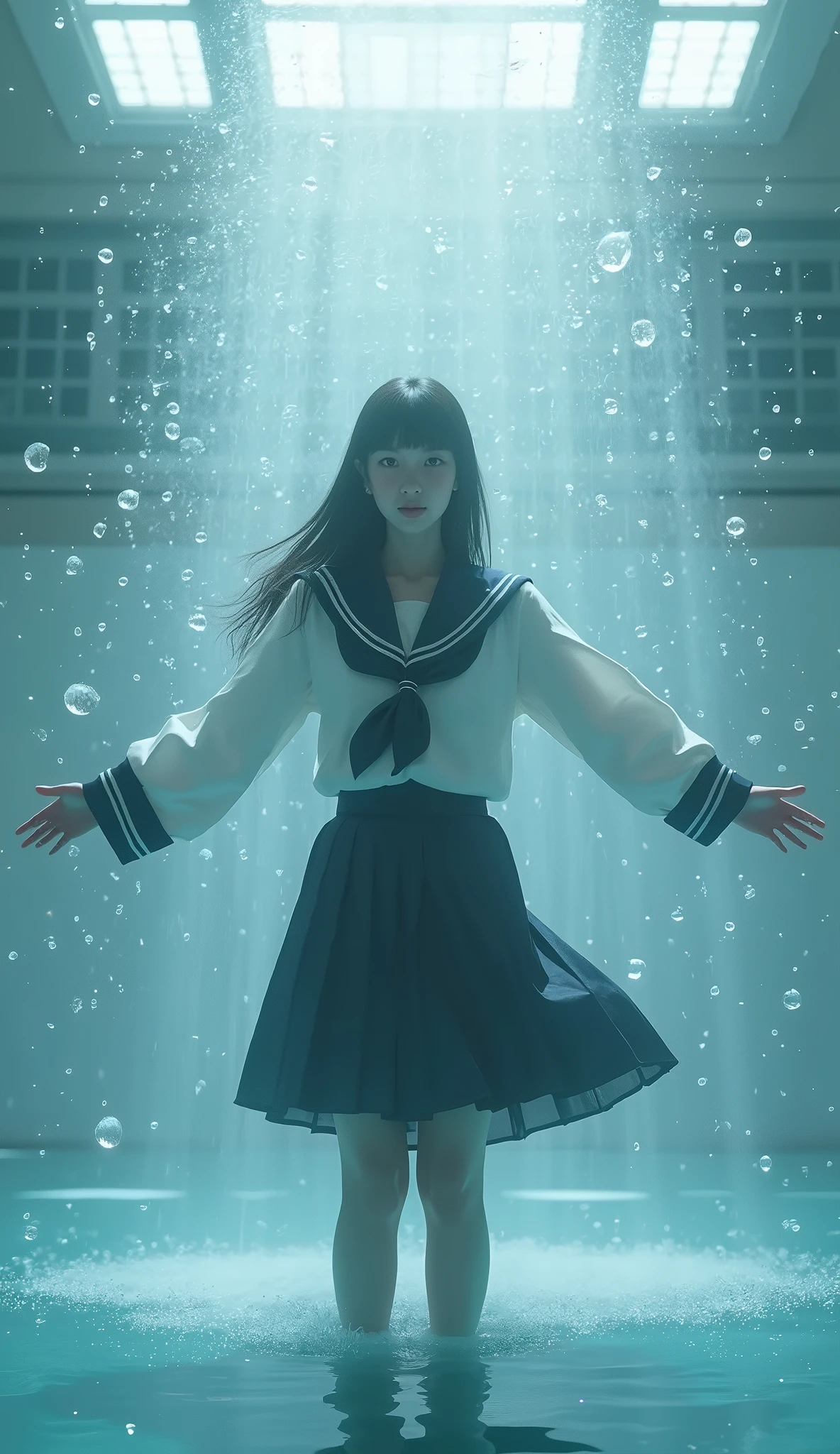 (highest quality, masterpiece),(One girl, Blazer uniform,mini skirt,expression, Brown eyes, View your viewers, Black Hair, Mouth closed,), (Reduce Blue Light, Blue glass shards swirling behind, Floating objects, Night Sky)