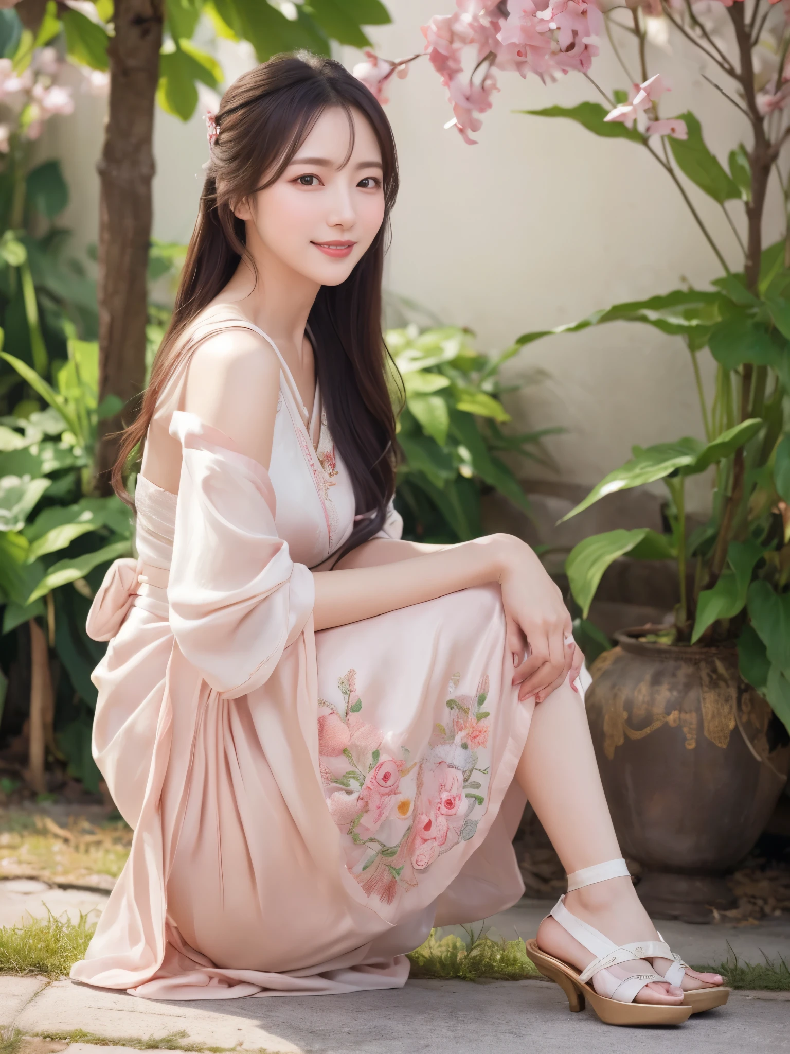 ((real photos:1.3)),((Super detailed)),((sharp:1.5)),1 female, A Korean-style woman walks around the palace，Smiling face。Beautiful breast shape,Hair tied up and fixed with hostas，Makeup，fair complexion and light pink lips，Wearing a bright 저고리 that is made of very good material and beautifully embroidered, only worn by the royal family.，Wide sleeves，I took off half of it and saw the beautiful breasts and nipples,Pair it with a flowing 치마 skirt in a contrasting color，Wearing traditional flat silk shoes，soft light，Ultra-high realism --style raw --s 400 --ar 4:3 -- in 6