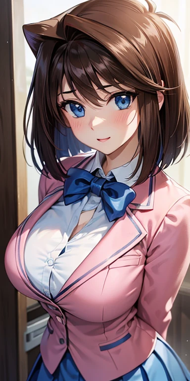 1 Female,High definition,high resolution,Ultra-realistic,8K, aamazaki, (antenna hair:1.2), blue eyes,blue bowtie, pink jacket, blazer, long sleeves, blue skirt, tight skirt, miniskirt,pleated skirt, cleavage,European,sexy,Upper body close-up,Photographed from the front,Dynamic Angles,blush, (medium tits)