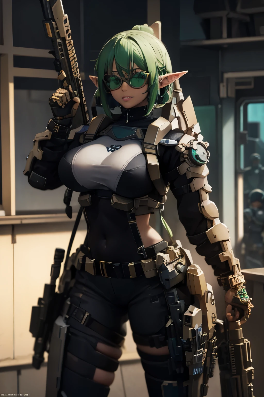 1 elf girl, tanned skin color, greenish hair. wearing full SWAT team cyberpunk armor, black tinted sunglasses on eyes, glad, confident, cheerful appearance, big lush breasts, curvy hips